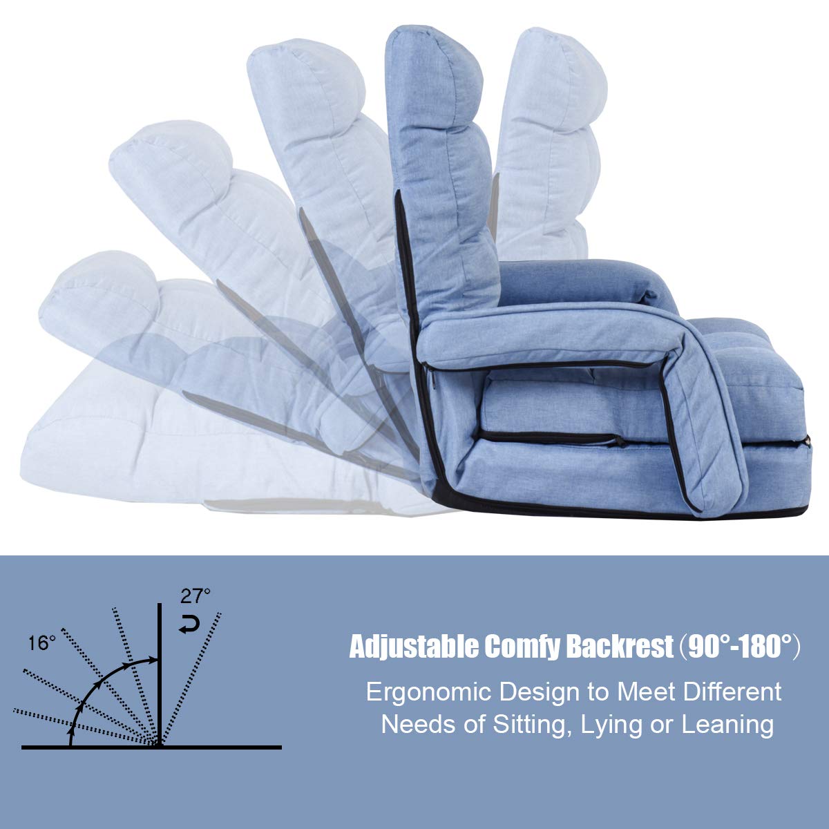 Adjustable Floor Chair, Folding Lazy Sofa Chair with 5 Positions, Detachable Seat Cushion