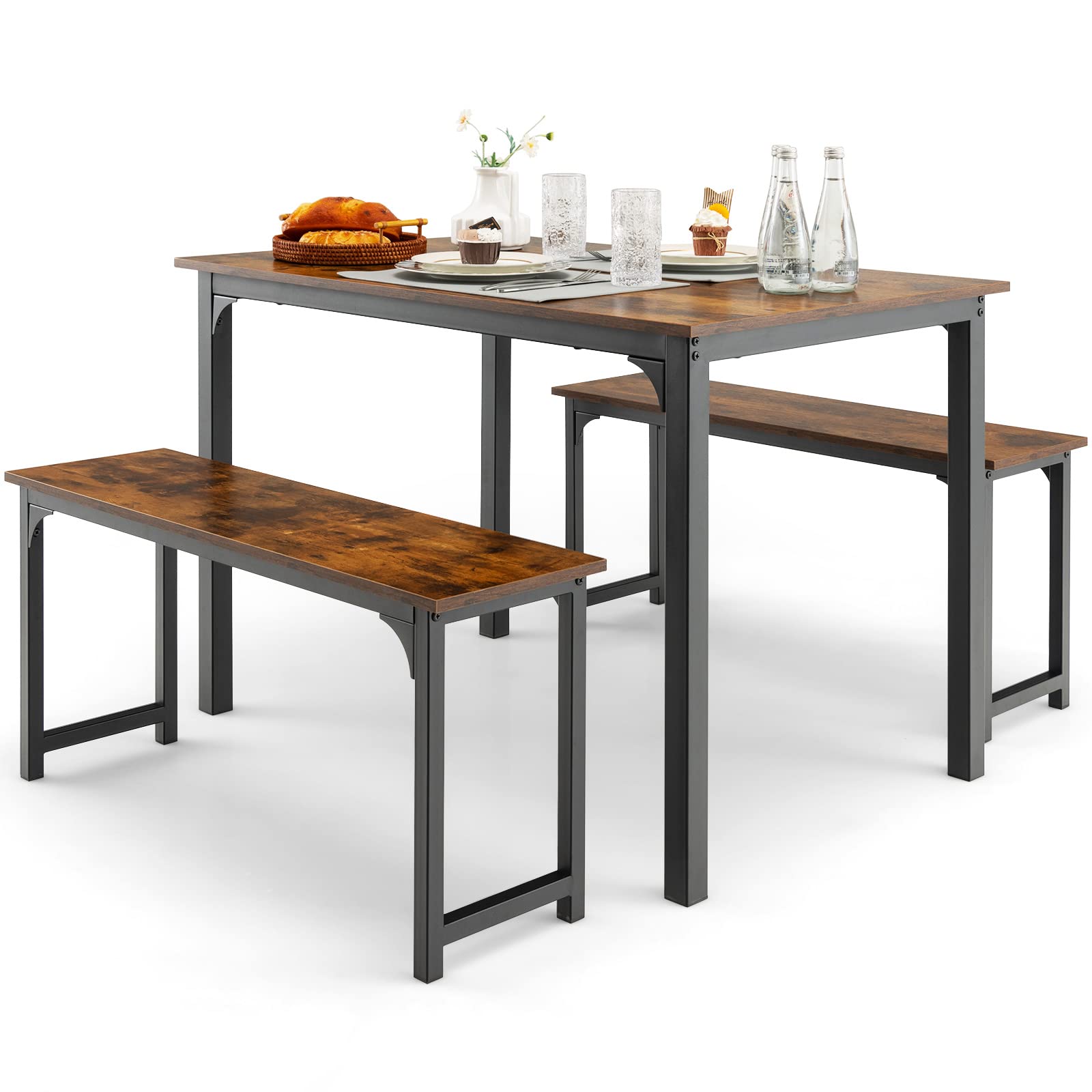 Dining Table Set for 4, 3-Piece Kitchen Table with 2 Benches