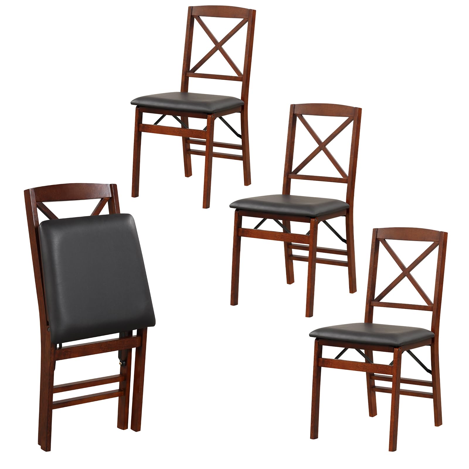 Folding Dining Chairs Set of 2/4, Foldable Wood Chairs with PVC Padded Seat & High Backrest