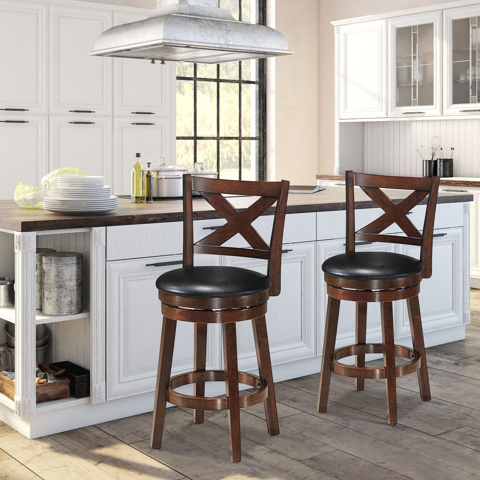 Bar Stools, Counter Height Dining Chair, Fabric Upholstered 360 Degree Swivel, PVC Cushioned Seat