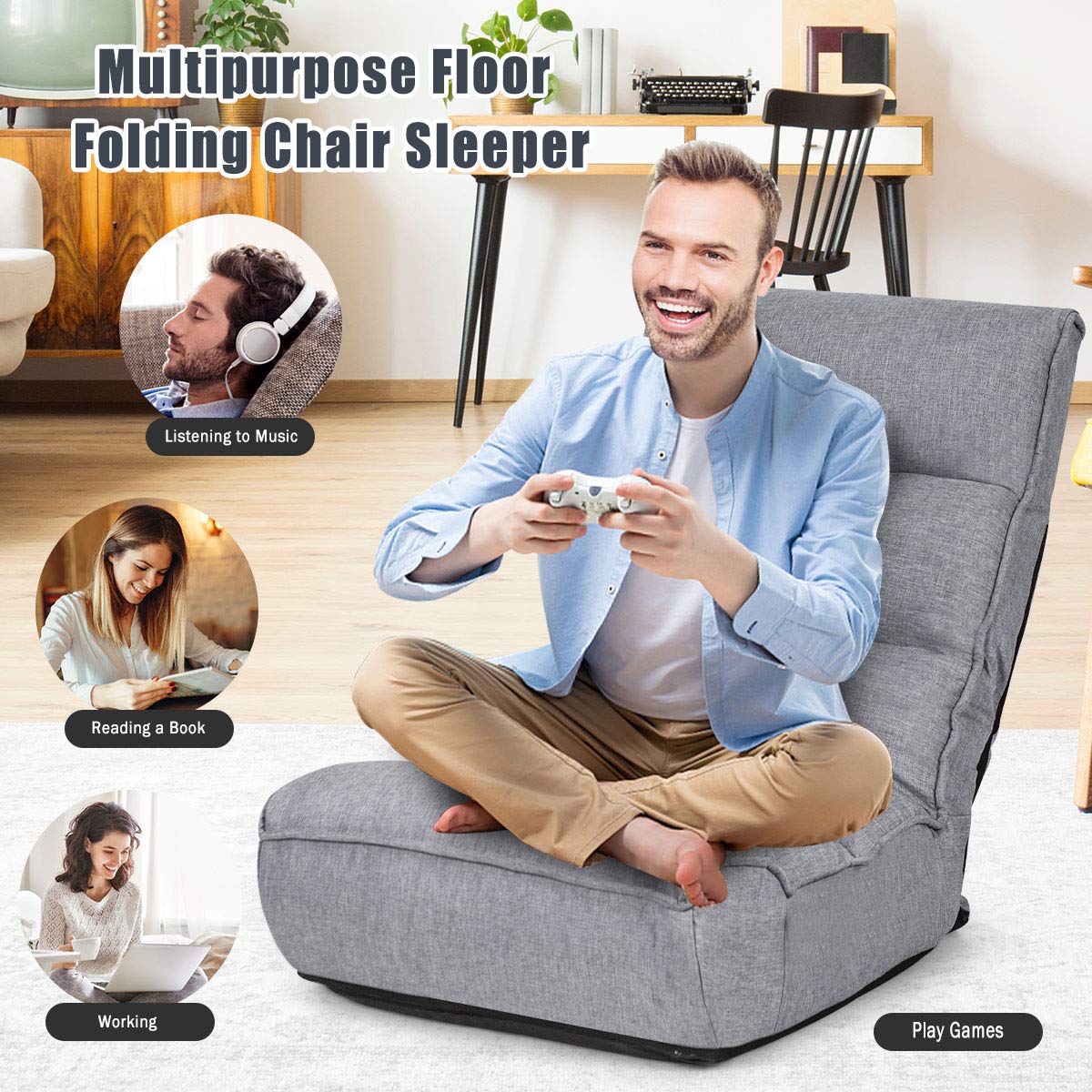  Folding Floor Lounge Chair with 5-Position Adjustable Head & 4-Position Adjustable Backrest
