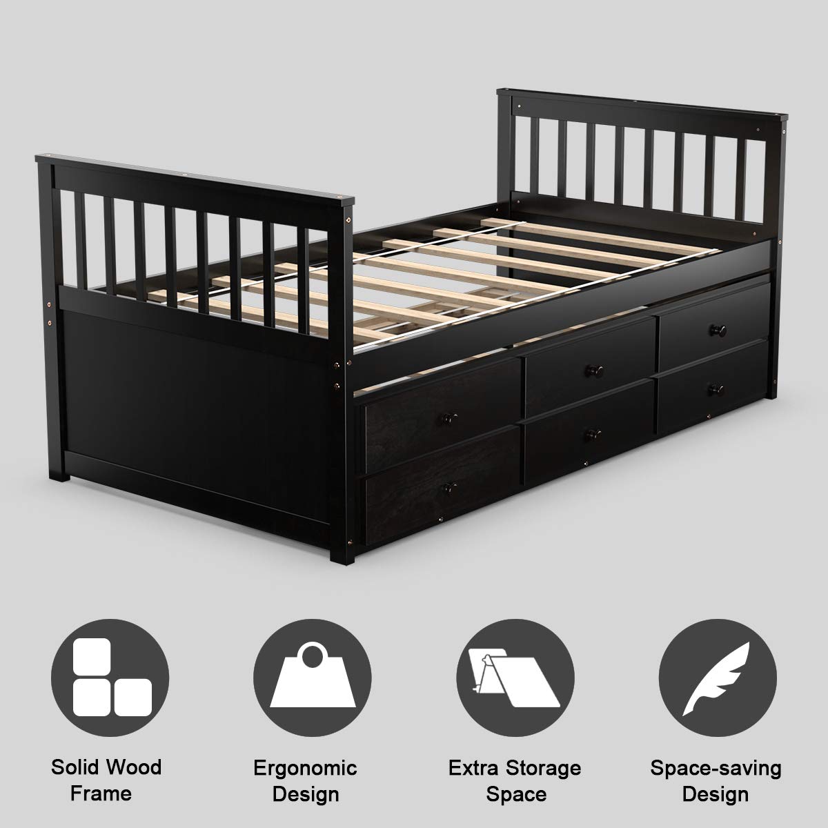 Twin Captain&rsquo;s Bed with Trundle Bed, Wood Storage Daybed with 3 Storage Drawers