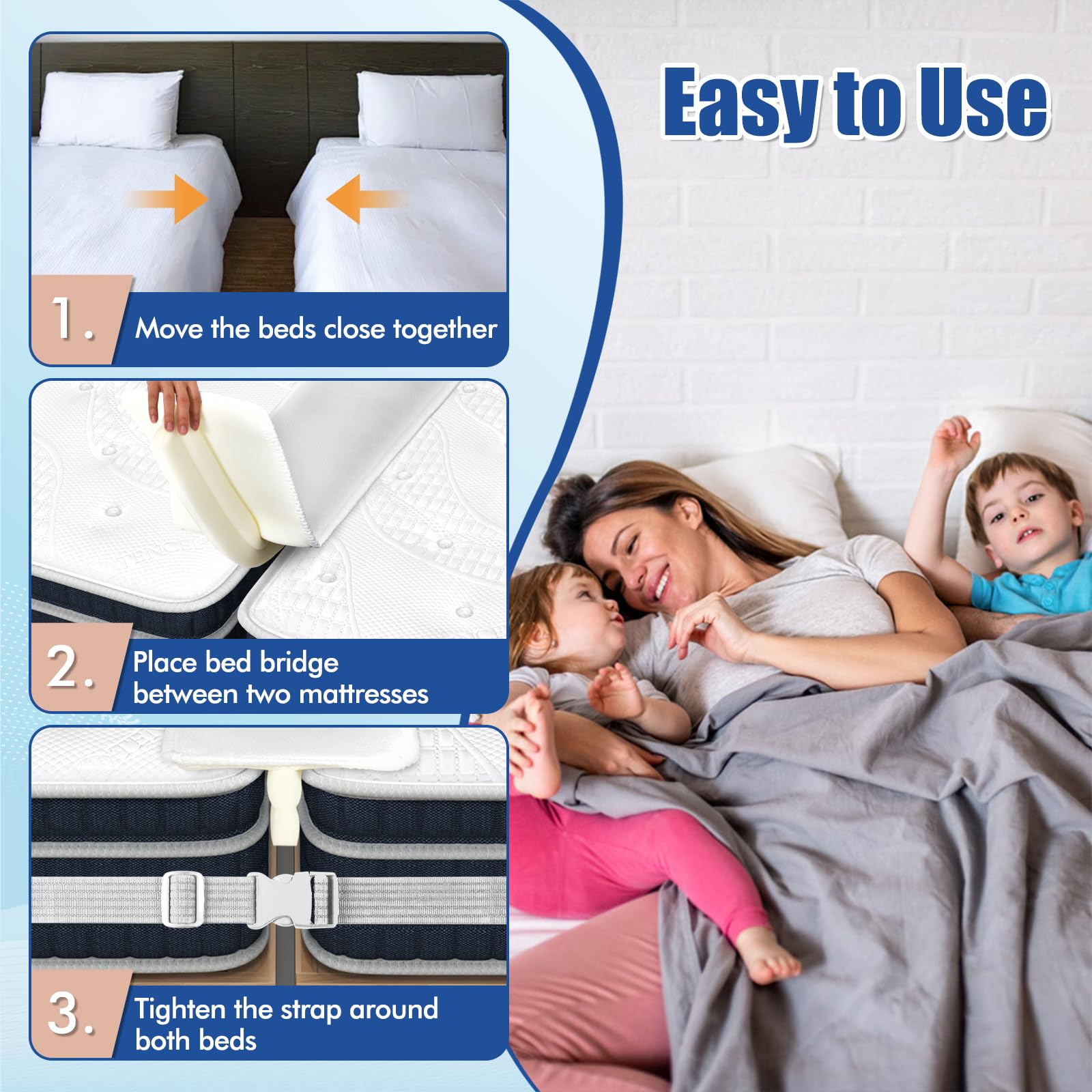 75&rdquo; X 9&rdquo; Wide Bed Bridge Twin to King Converter Kit, Mattress Connector Kit with Adjustable Strap, Split King Gap Filler