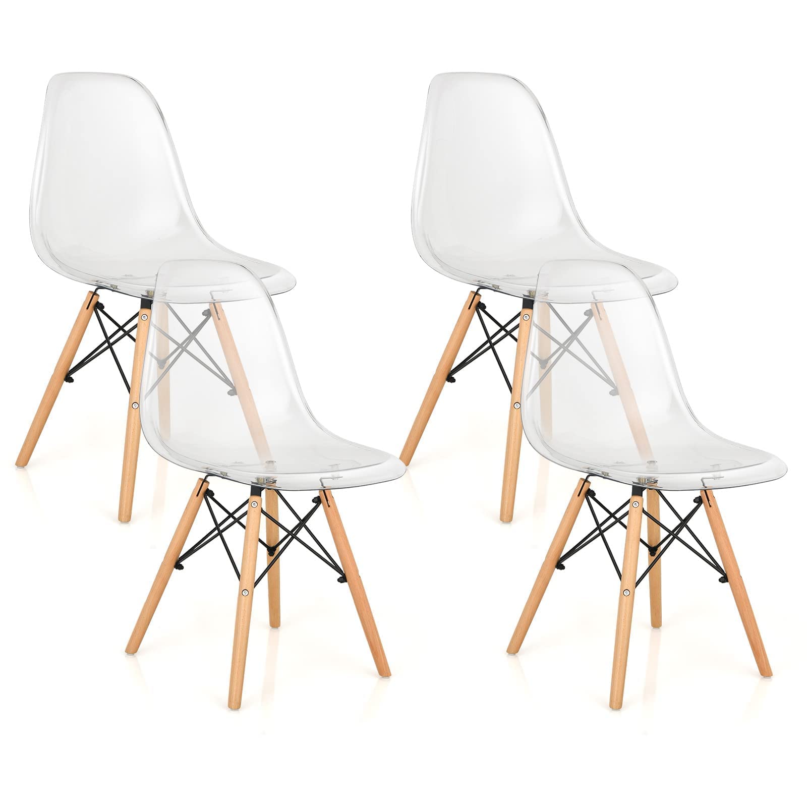 Clear Acrylic Dining Chairs Set of 4 with Beech Wood Legs