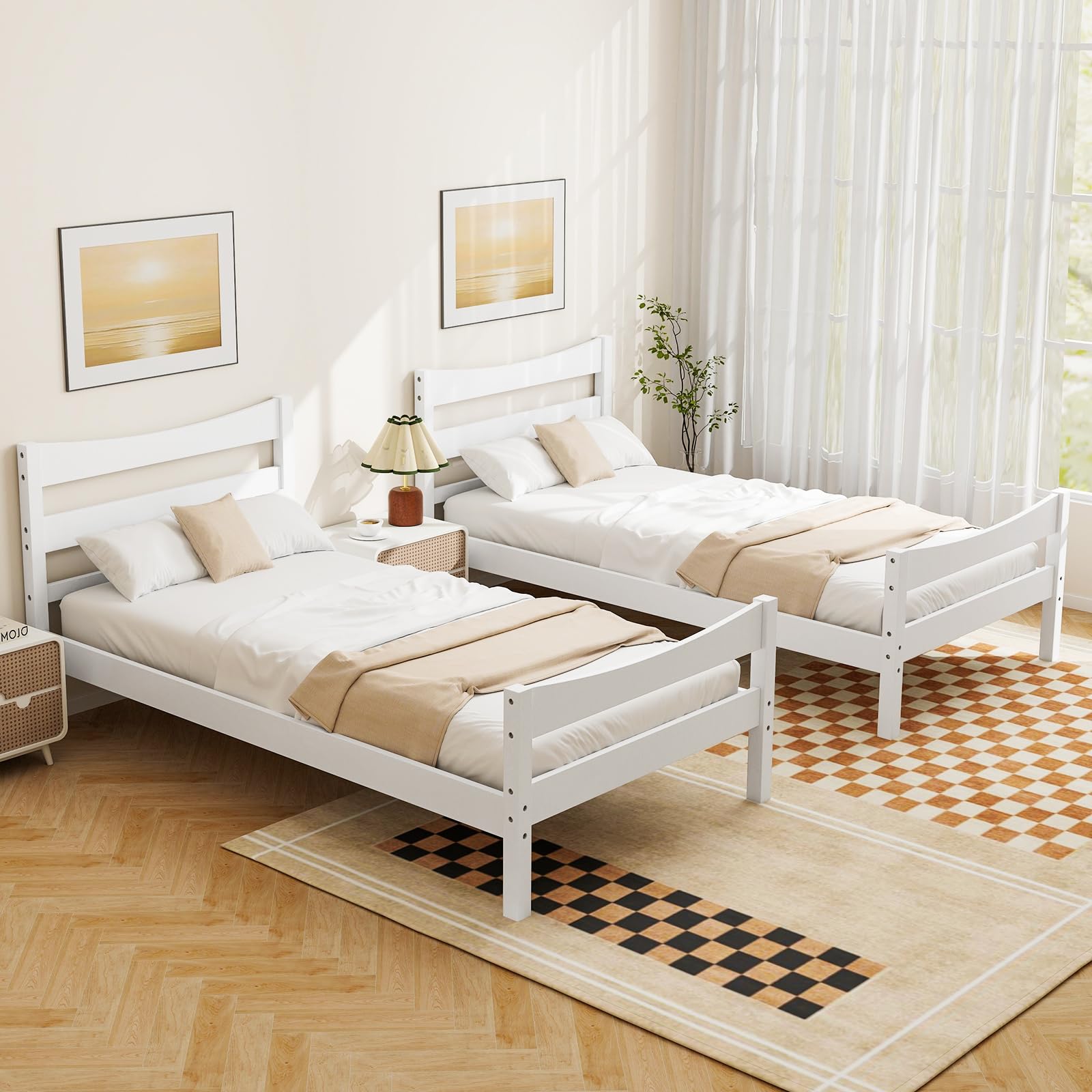 Twin Size Wood Bed Frame, Rustic Style Platform Bed w/Headboard & Footboard