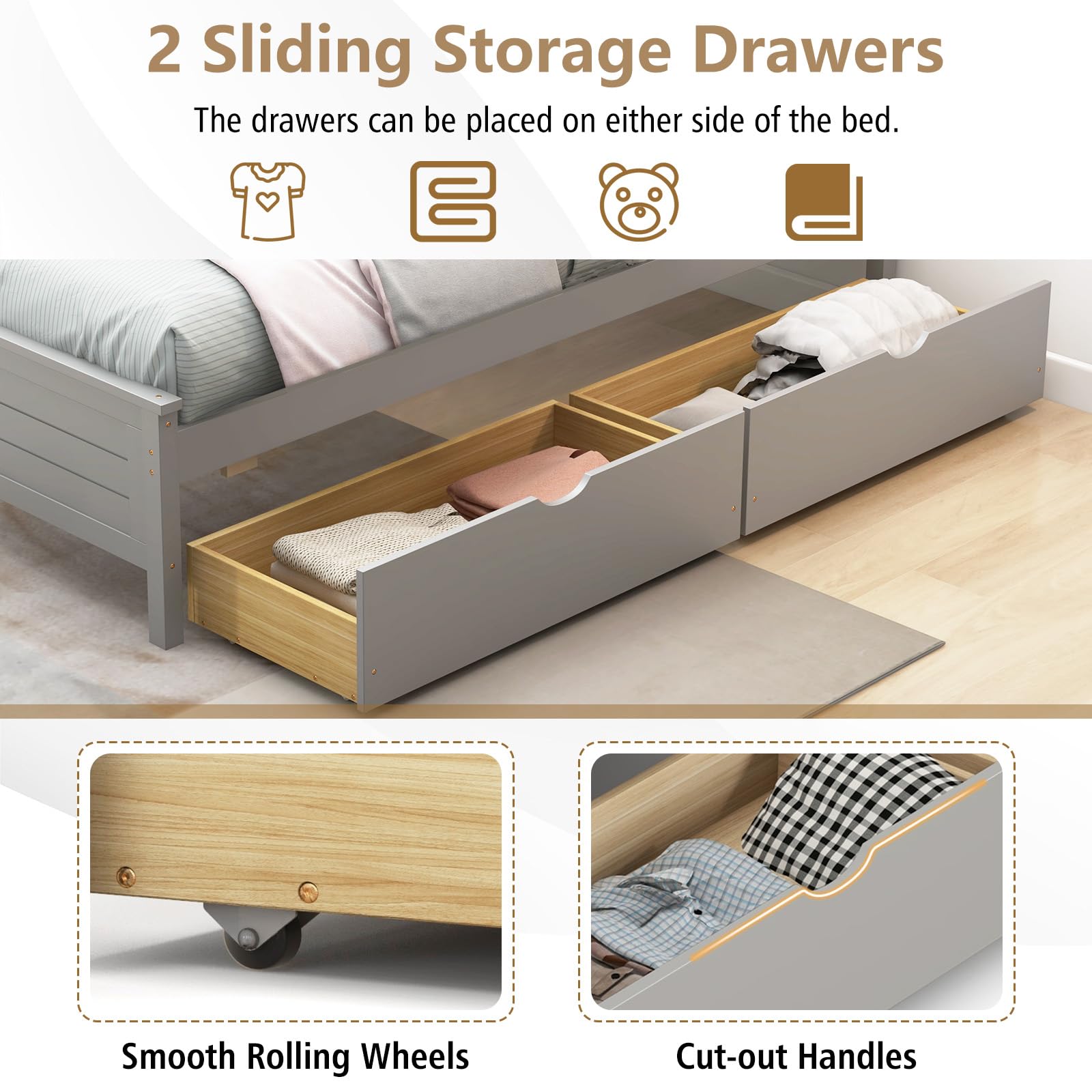 Wood Bed Frame with 2 Storage Drawers