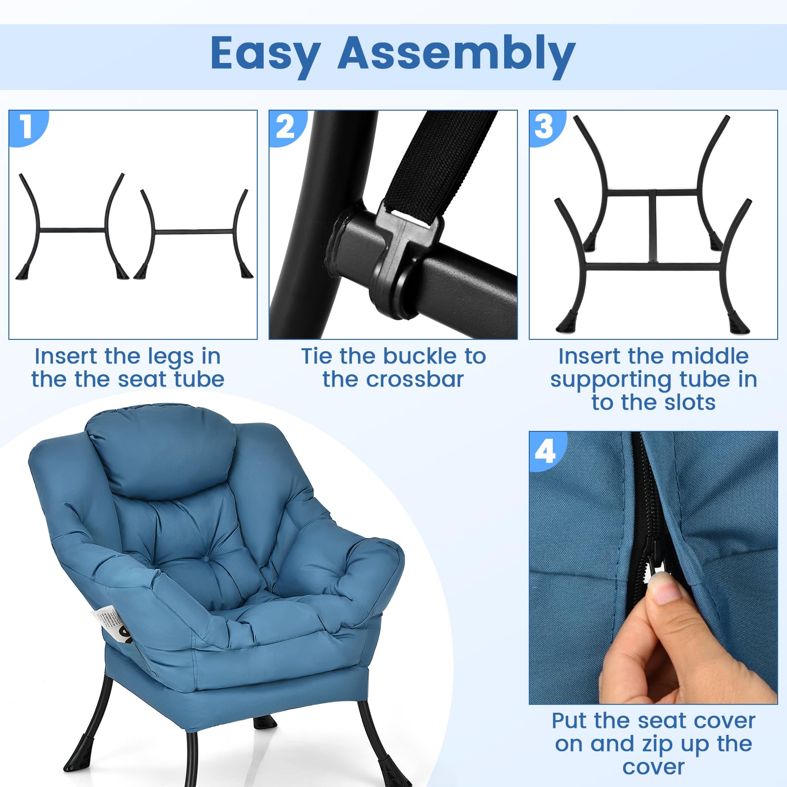 Modern Lazy Chair, Upholstered Single Sofa Chair w/Armrests & Side Pocket