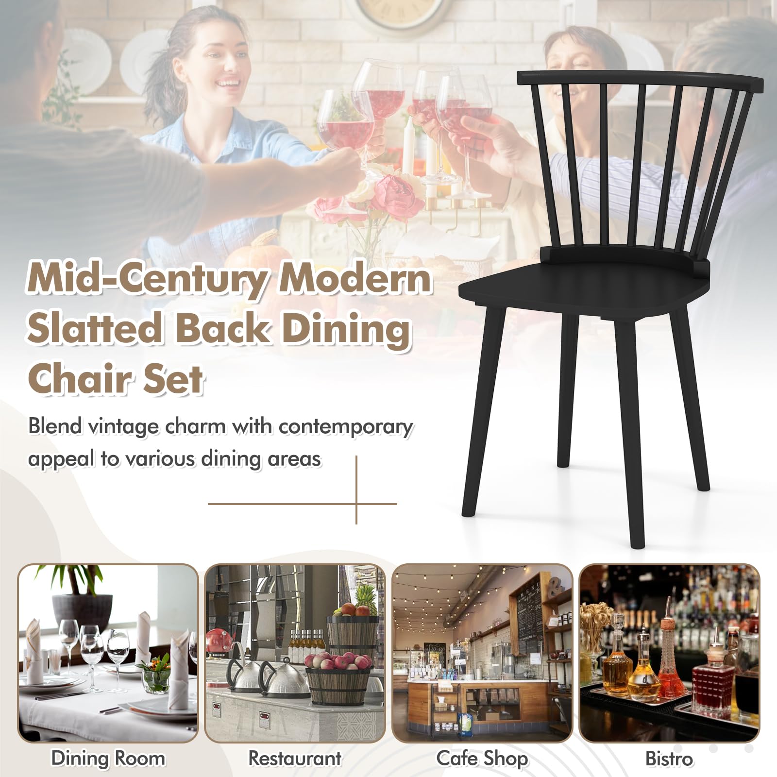 Wood Dining Chairs Set of 2/4, Windsor Dining Chairs with High Spindle Back