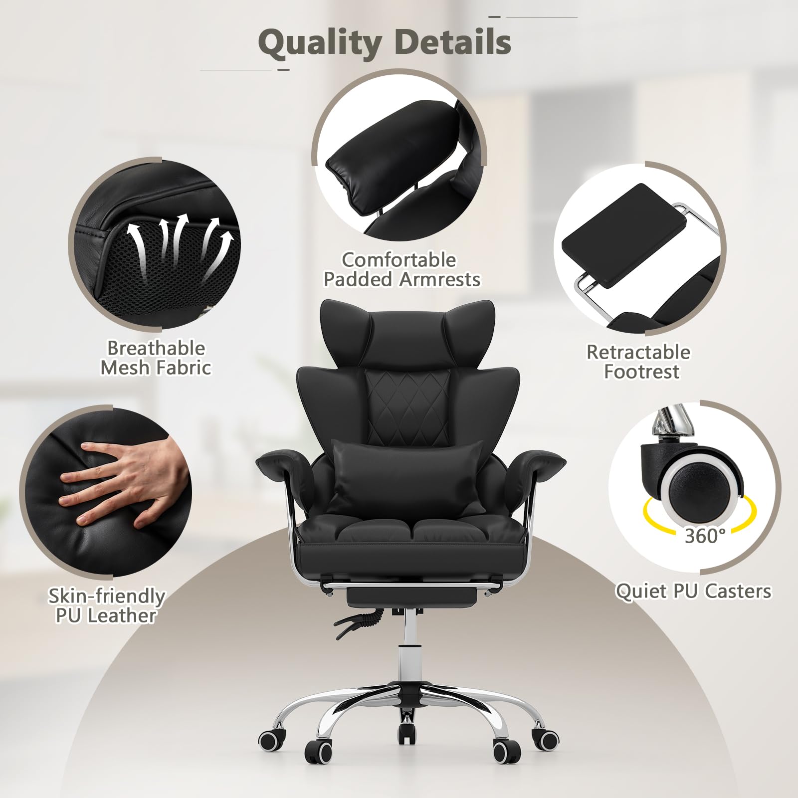 400 LBS Big and Tall Office Chair, PU Leather Executive Desk Chair w/Retractable Footrest