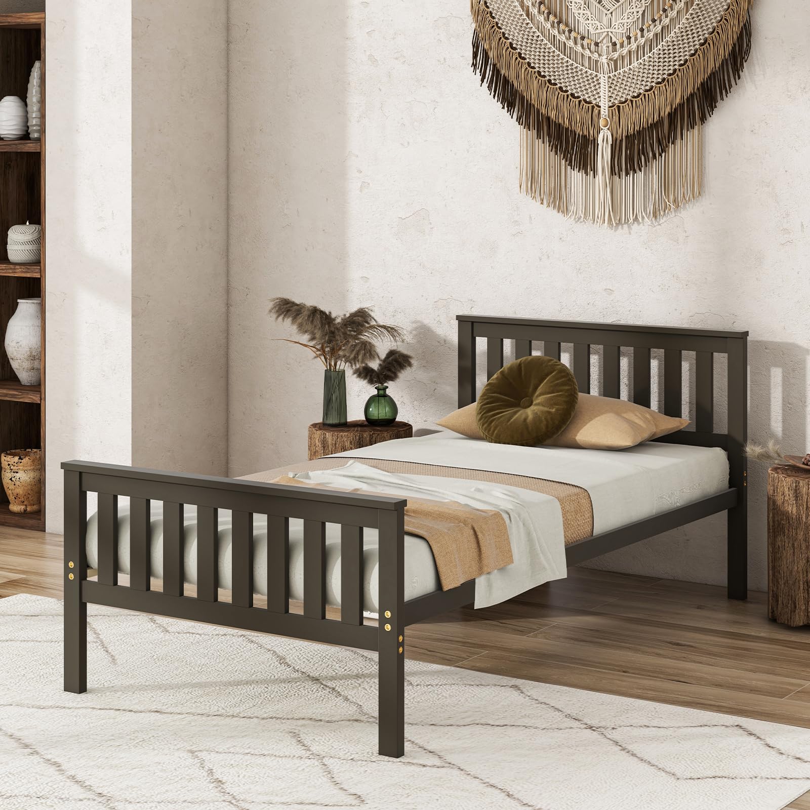 Wood Platform Bed Frame with Headboard, Wooden Slats Support, 12" Under-Bed Storage Space