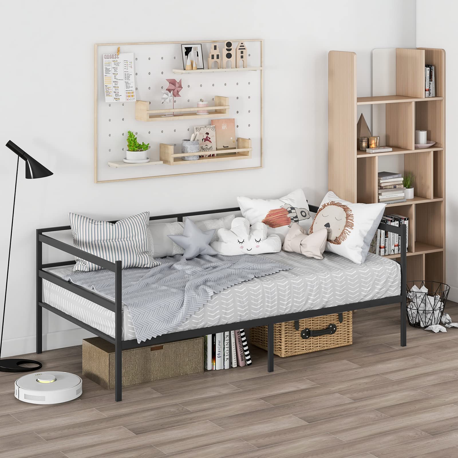 Twin Size Metal Daybed with Metal Slat Support & 3-Sided Guardrails