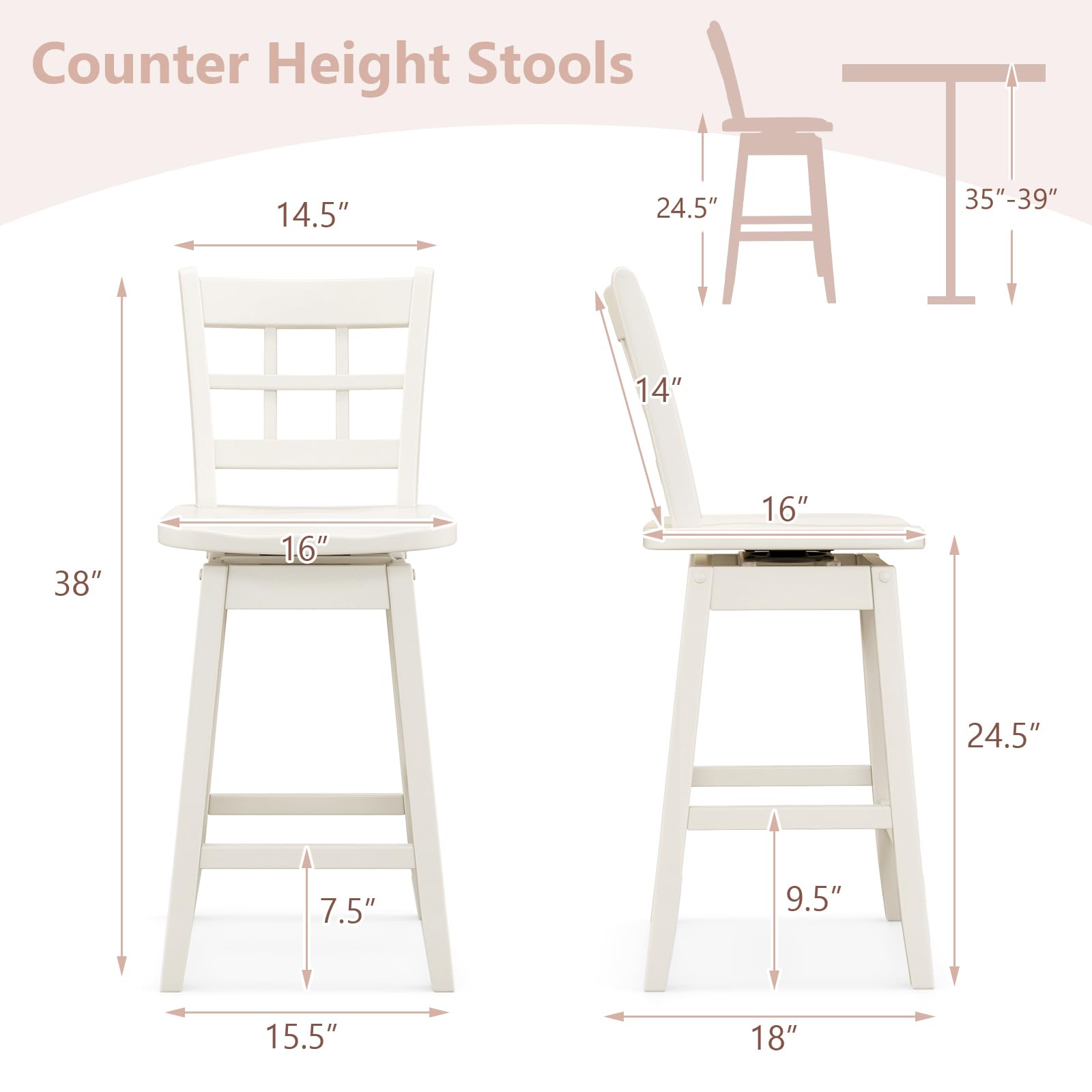24.5" Bar Stools Set of 2/4, Farmhouse Swivel Barstools with 6-Grid Hollow Back & Ergonomic Contoured Seat, Footrest