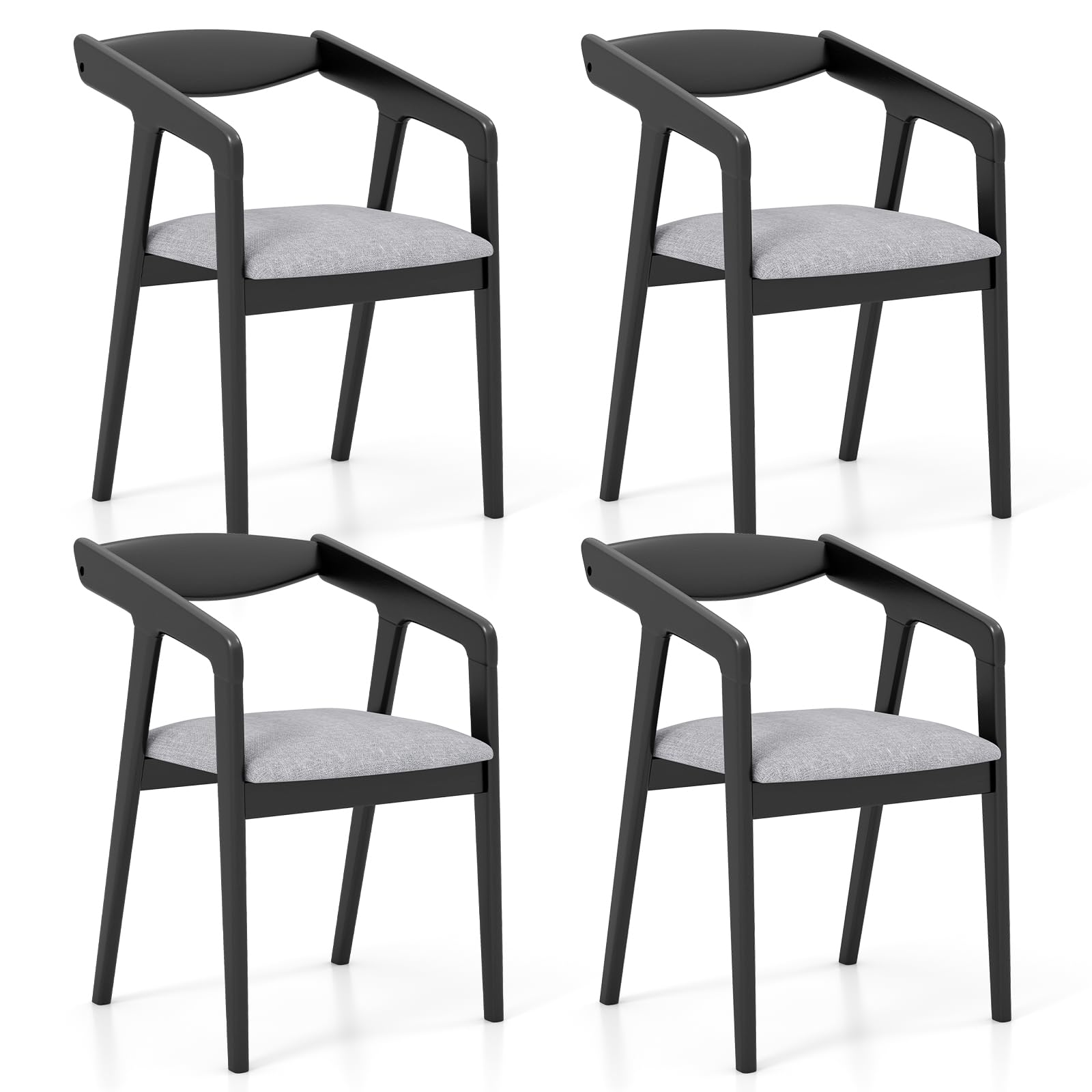 Wooden Dining Chairs Set of 2/4, Linen Fabric Upholstered Kitchen Chairs w/Armrests & Padded Cushion, Rubber Wood Frame