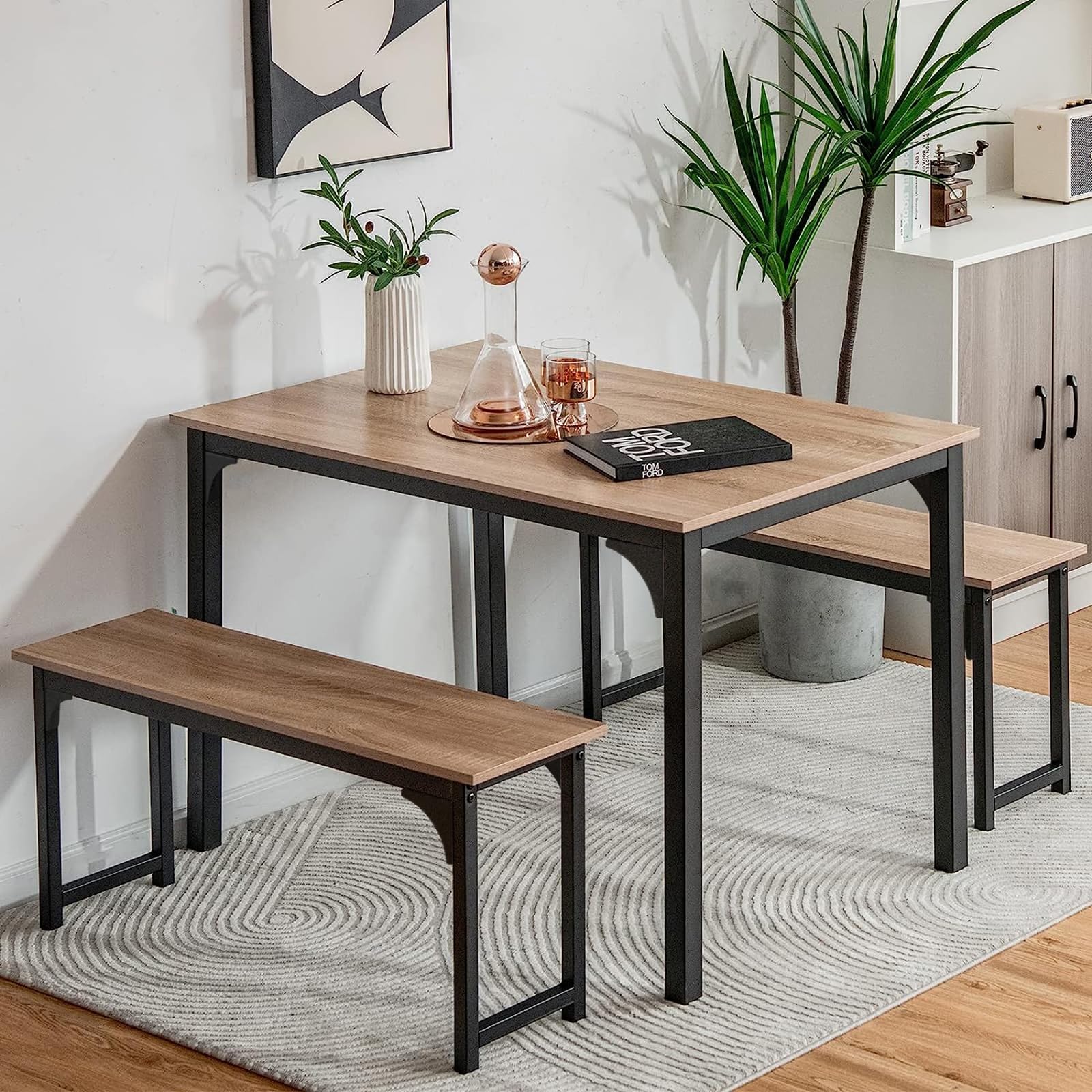 Dining Table Set for 4, 3-Piece Kitchen Table with 2 Benches