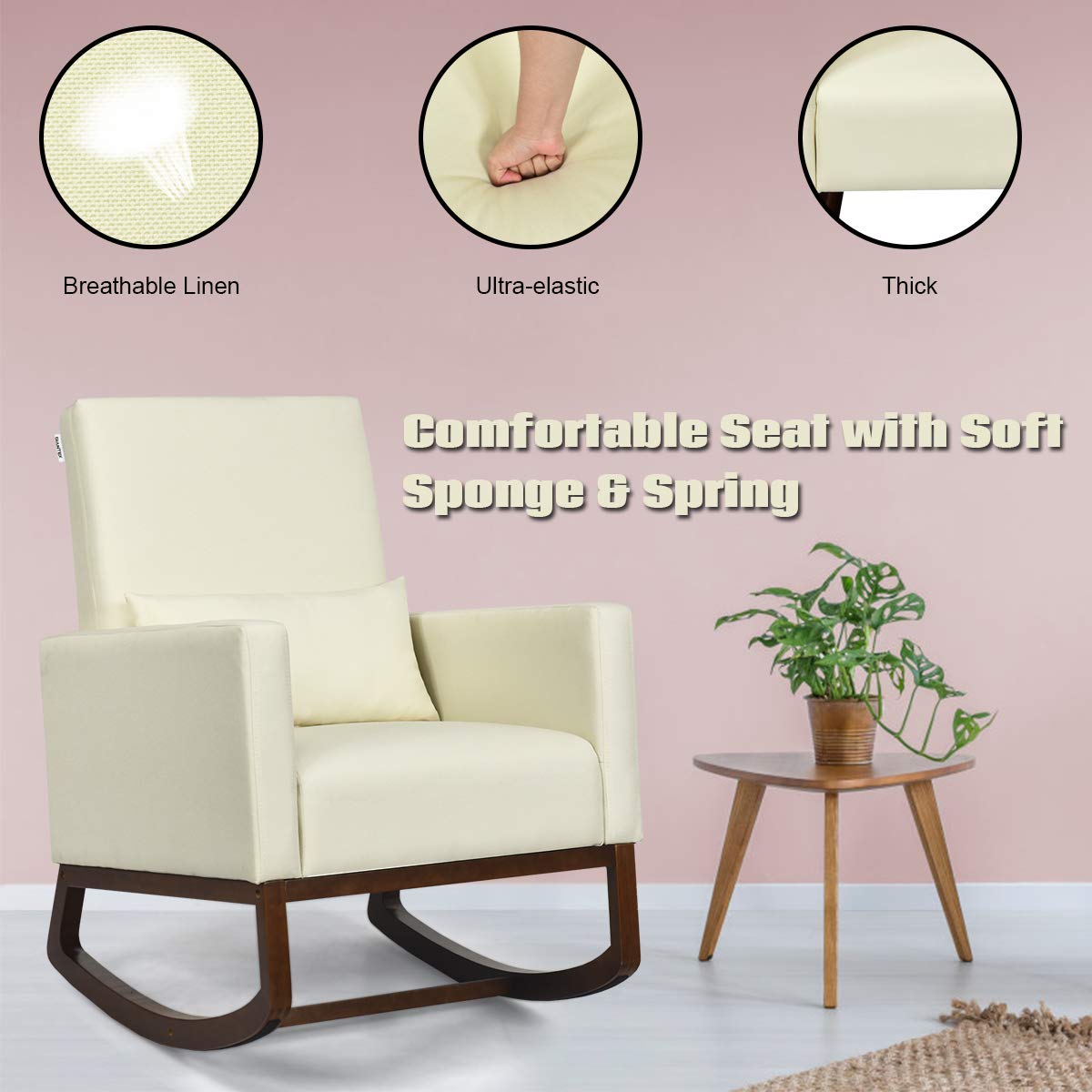 Upholstered Rocking Chair, Modern High Back Armchair, Comfortable Rocker with Fabric Padded Seat, Waist Pillow