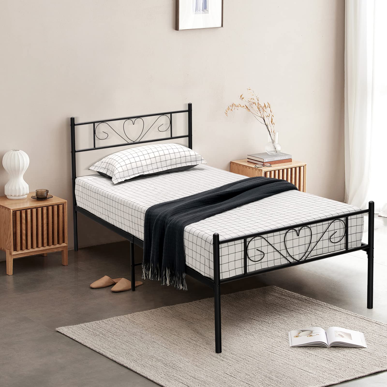 Twin XL Metal Bed Frame with Heart-Shaped Headboard & Footboard
