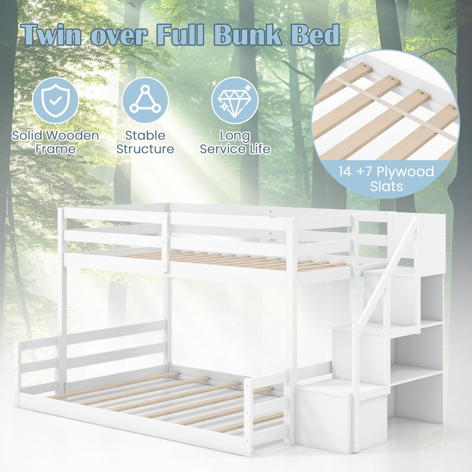 Bunk Bed with Stairs, Solid Wood Floor Bunk Bed with Storage Staircase & Full-Length Guardrails