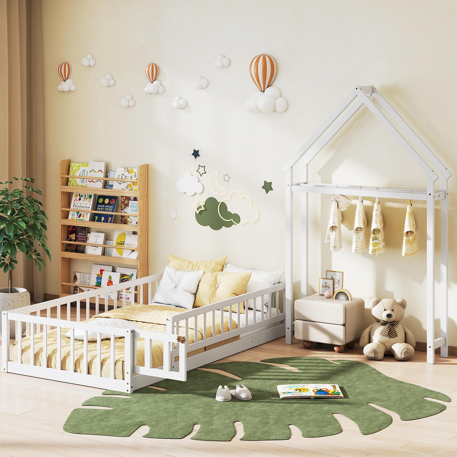 Twin Size Floor Bed with House-Shaped Headboard（Twin with Headboard）