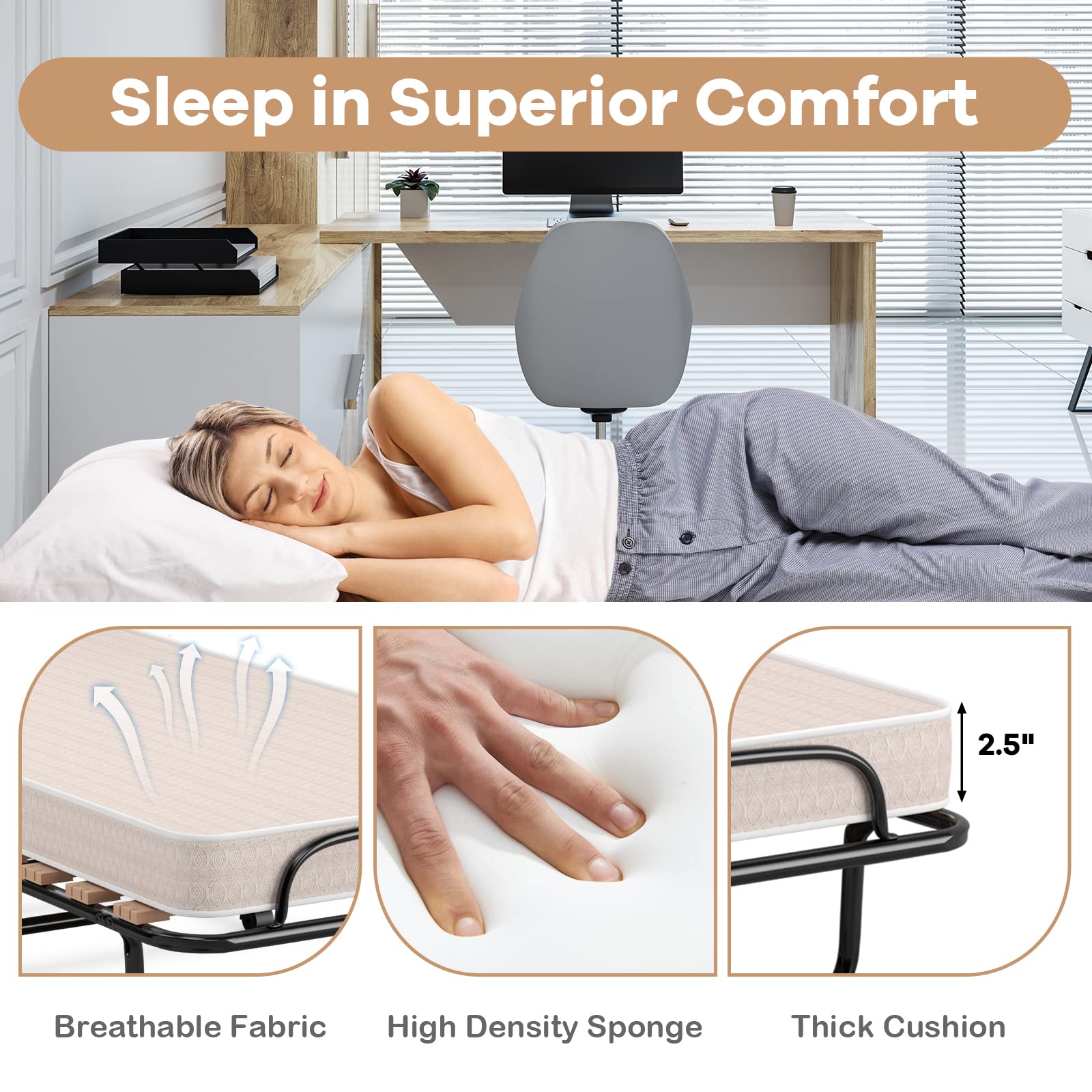 Folding Bed with Mattress for Adults, Rollaway Guest Beds w/Memory Foam Mattress & Metal Frame