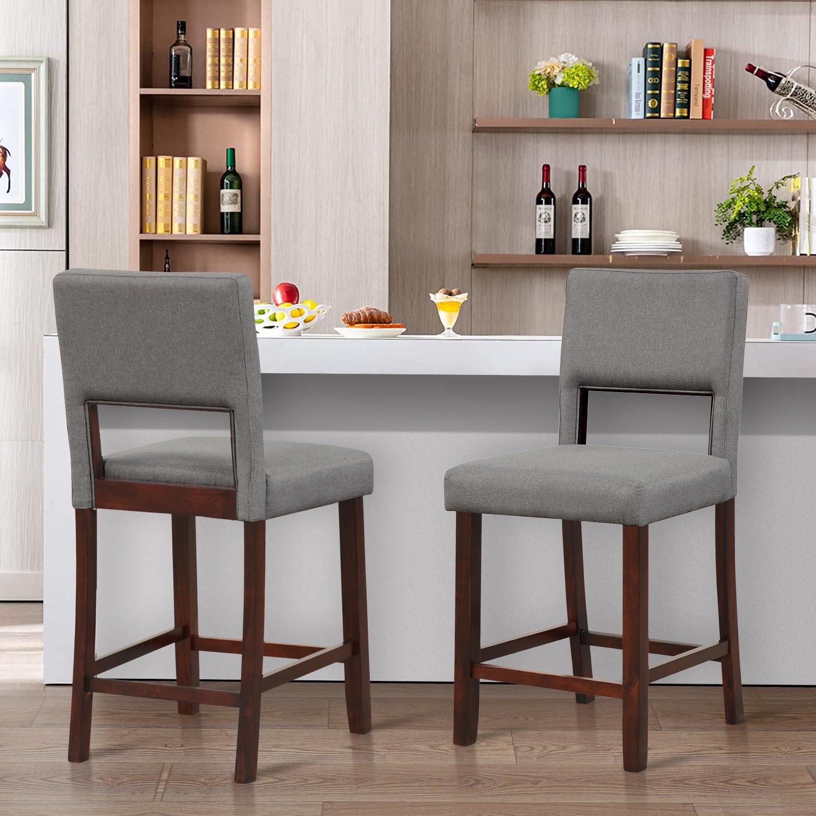 24.5" Counter Height Bar Stools Set of 2, Linen Barstools with Back, Rubber Wood Legs