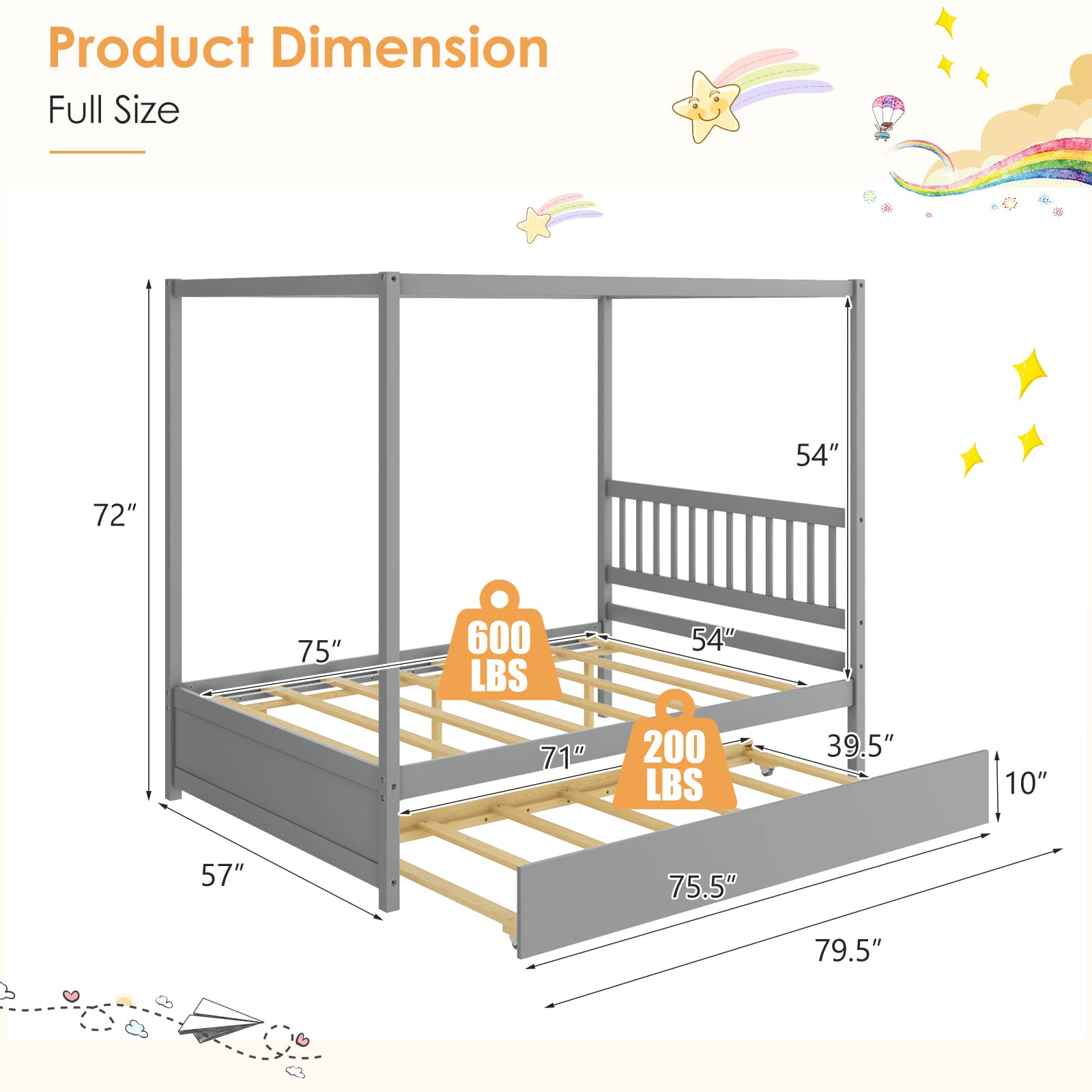 Wood Canopy Bunk Bed with Trundle, Full Size Solid Wood Platform Bed with Headboard