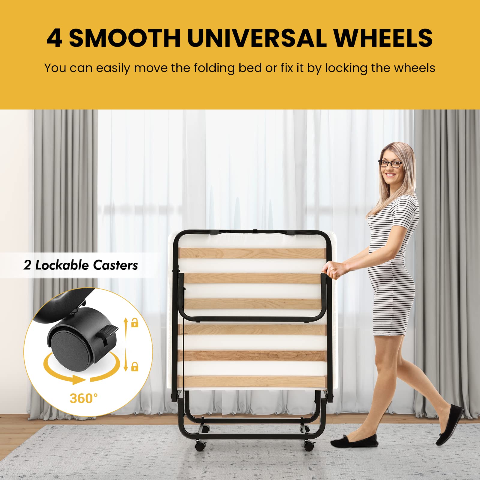 Folding Bed with 4 Inch Memory Foam Mattress & Solid Wood Slats