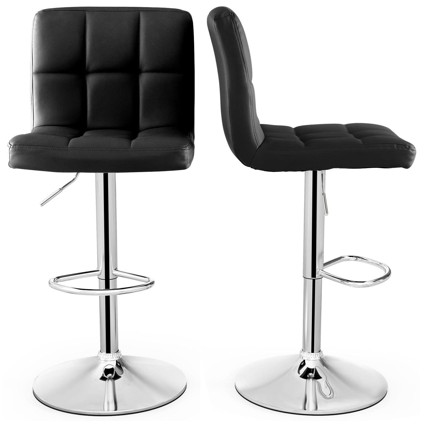 Modern PU Leather Height Adjustable Bar Stools  Set of 1/2 with Back, Footrest, Metal Base