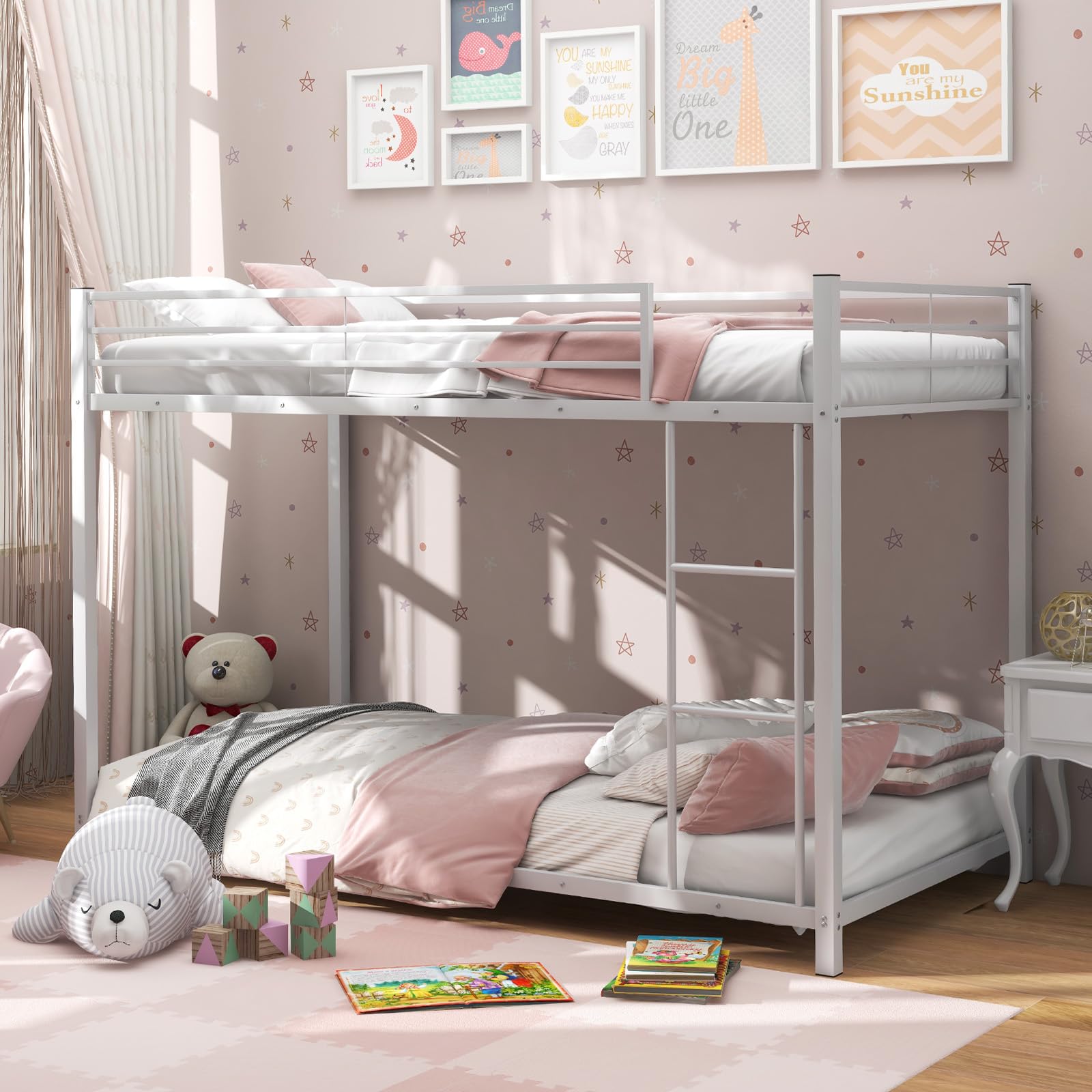 Twin Over Twin Metal Low Profile Bunk Bed with Safety Guard Rails & Side Ladder