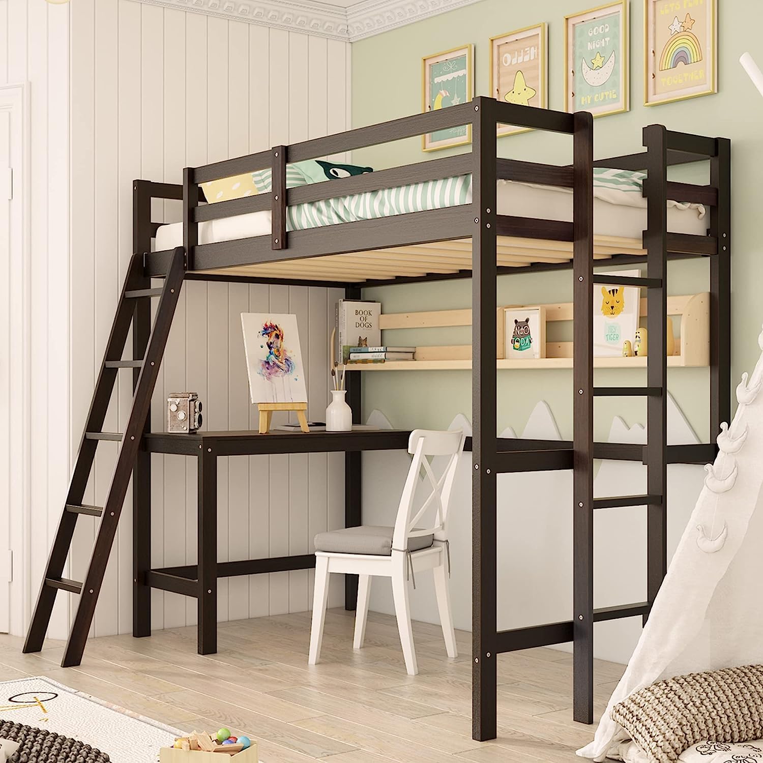 Twin Size Wood Loft Bed with Desk, 2 Ladders, Full Length Guardrail for Kids Teens Adults