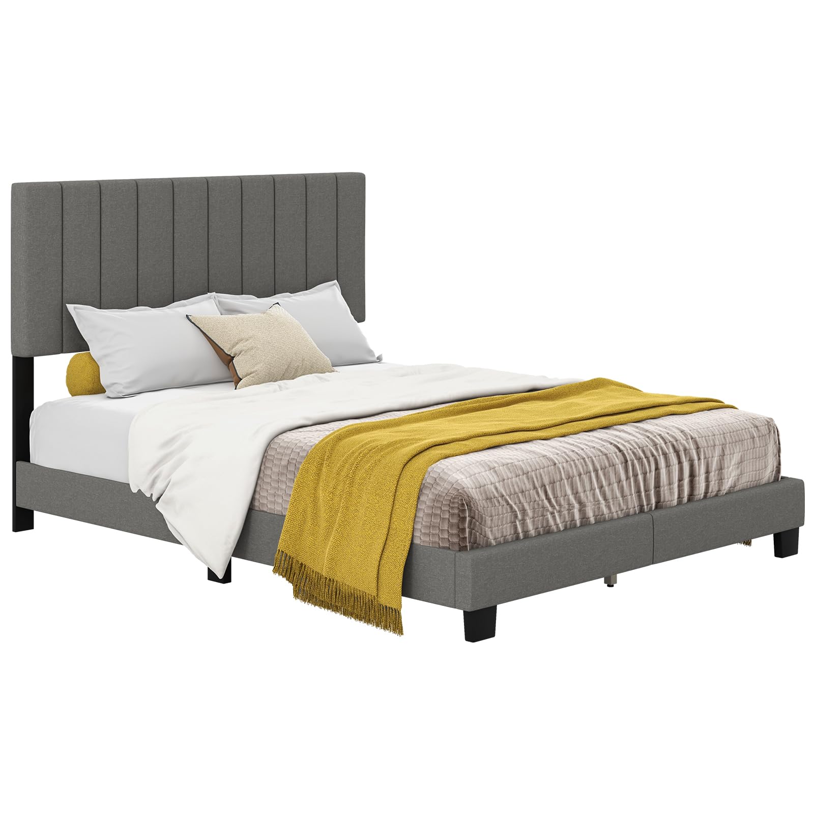 Queen Size Upholstered Bed Frame with Vertical Channel Tufted Headboard