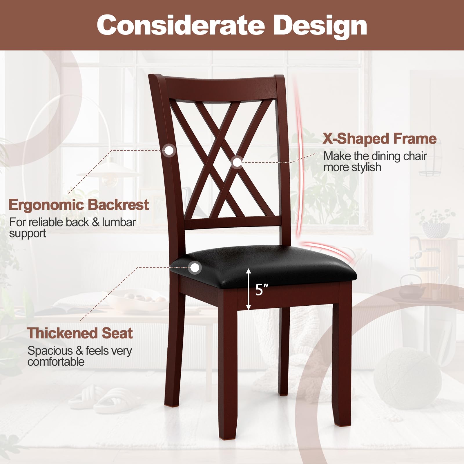 Wood Dining Chairs Set of 2/4, Faux Leather Upholstered Kitchen Chairs with Rubber Wood Legs, Padded Seat
