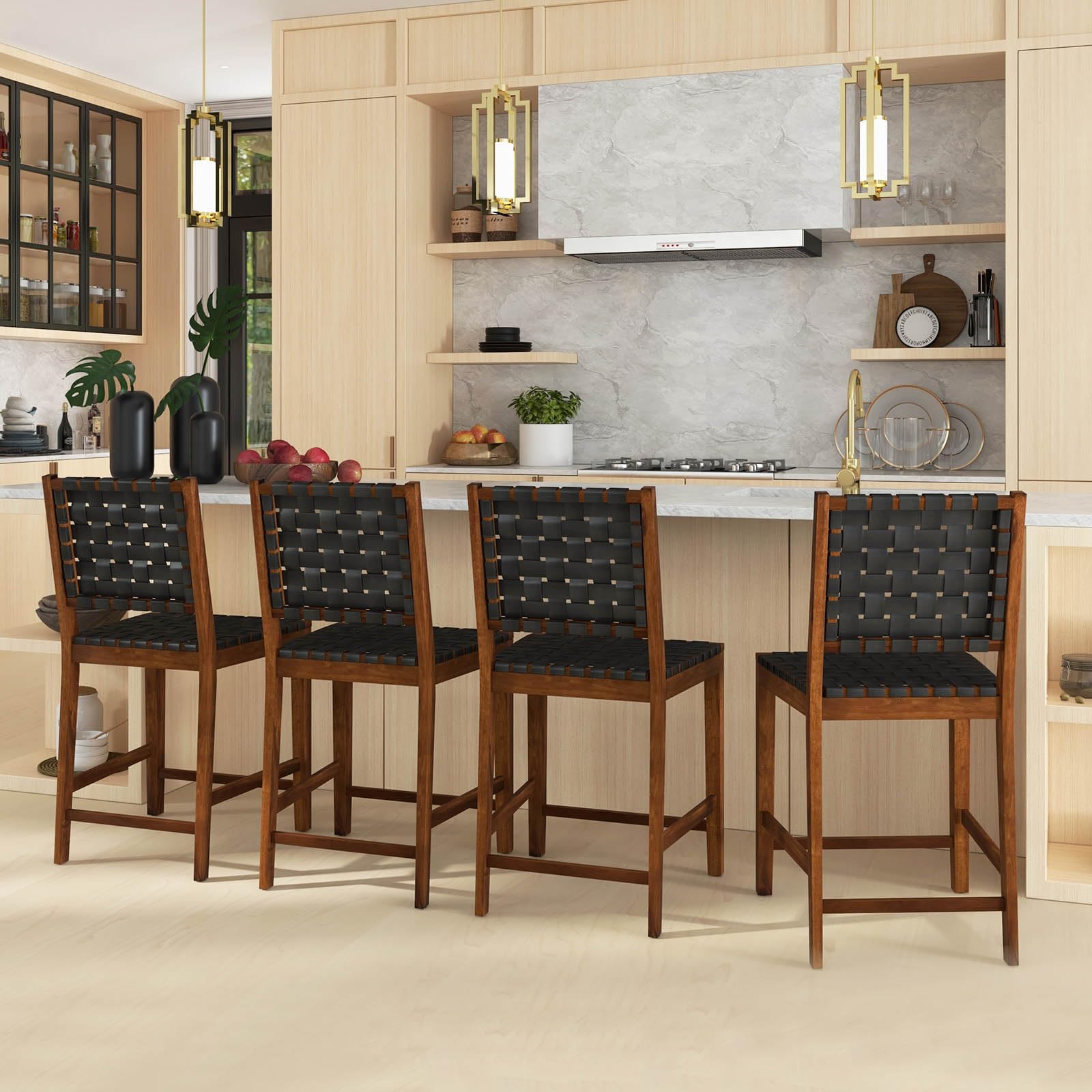 24" Counter Height Bar Stools Set of 2/4, Solid Wood Woven Rustic Barstools w/Faux PU Leather Straps