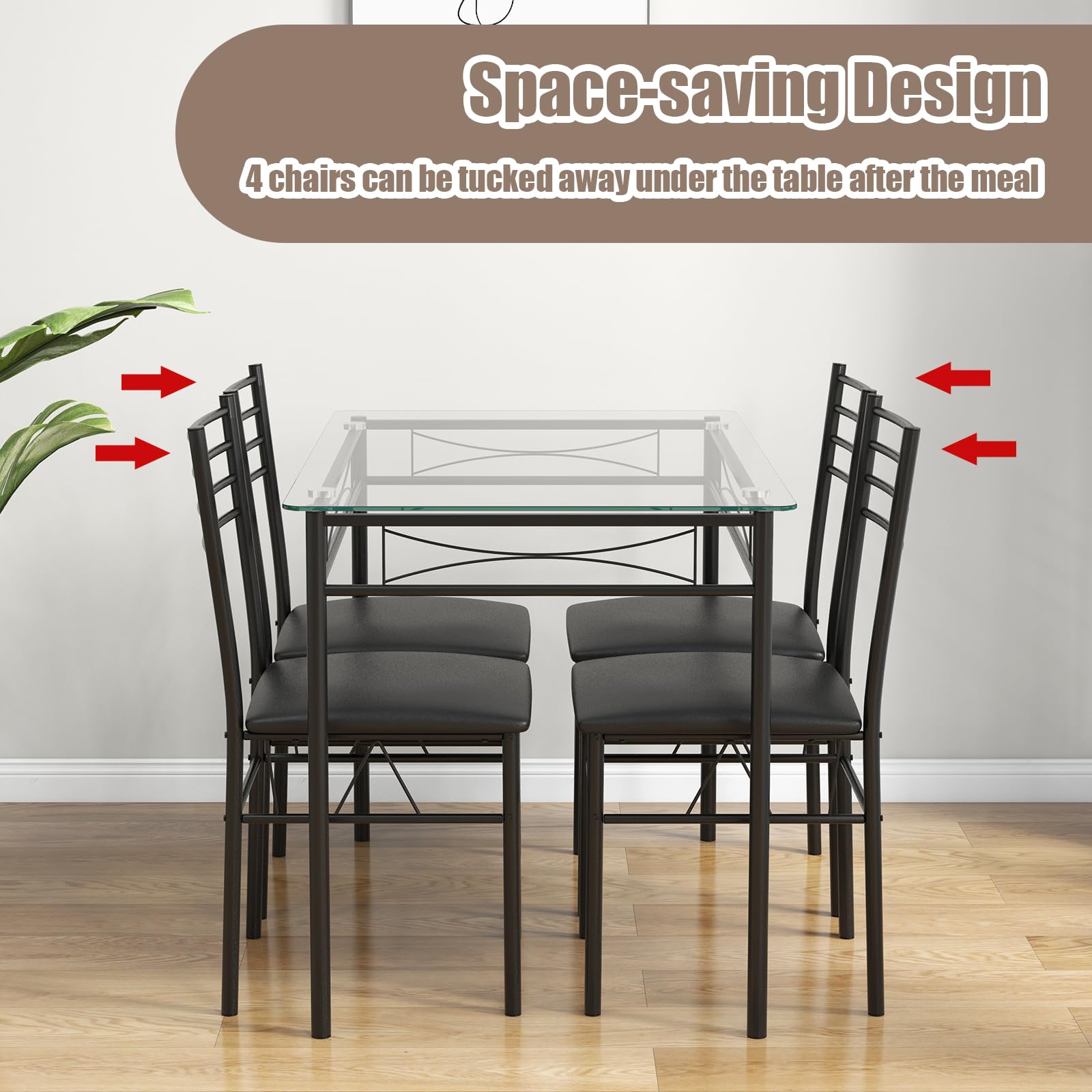 5 Piece Dining Table Set with Tempered Glass Table Top and 4 Upholstered Chairs