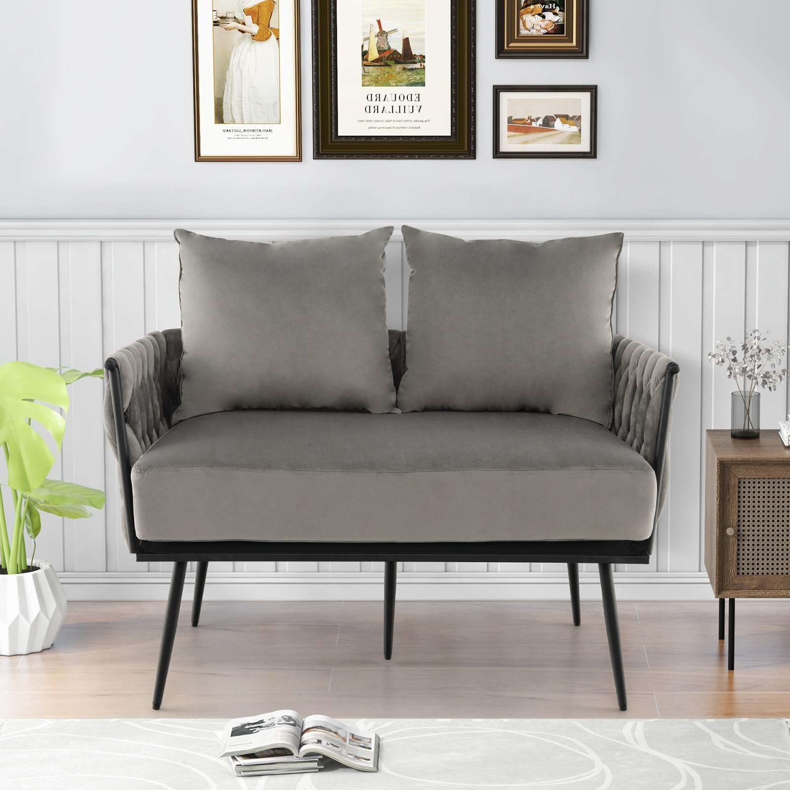 43&rdquo; Loveseat Sofa, Modern Upholstered 2-Seat Sofa with 2 Back Pillows, Woven Backrest & Armrest