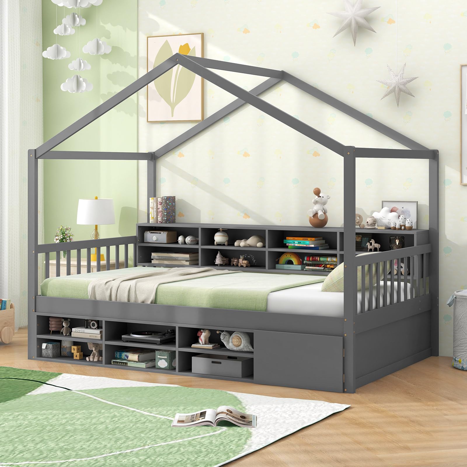 Twin Size House Bed with Storage, Wooden Montessori House Bed with 14 Storage Cubes, Enclosed Cabinet, Wood Slats & Fencing