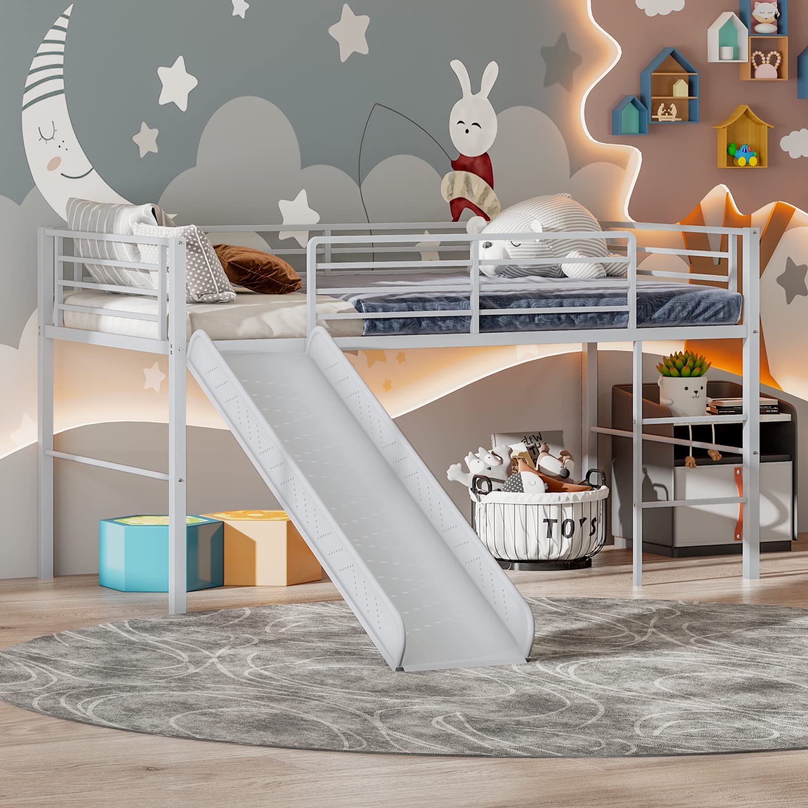 Twin Metal Low Loft Bed with Slide, Safety Guardrails & Built-in Ladder