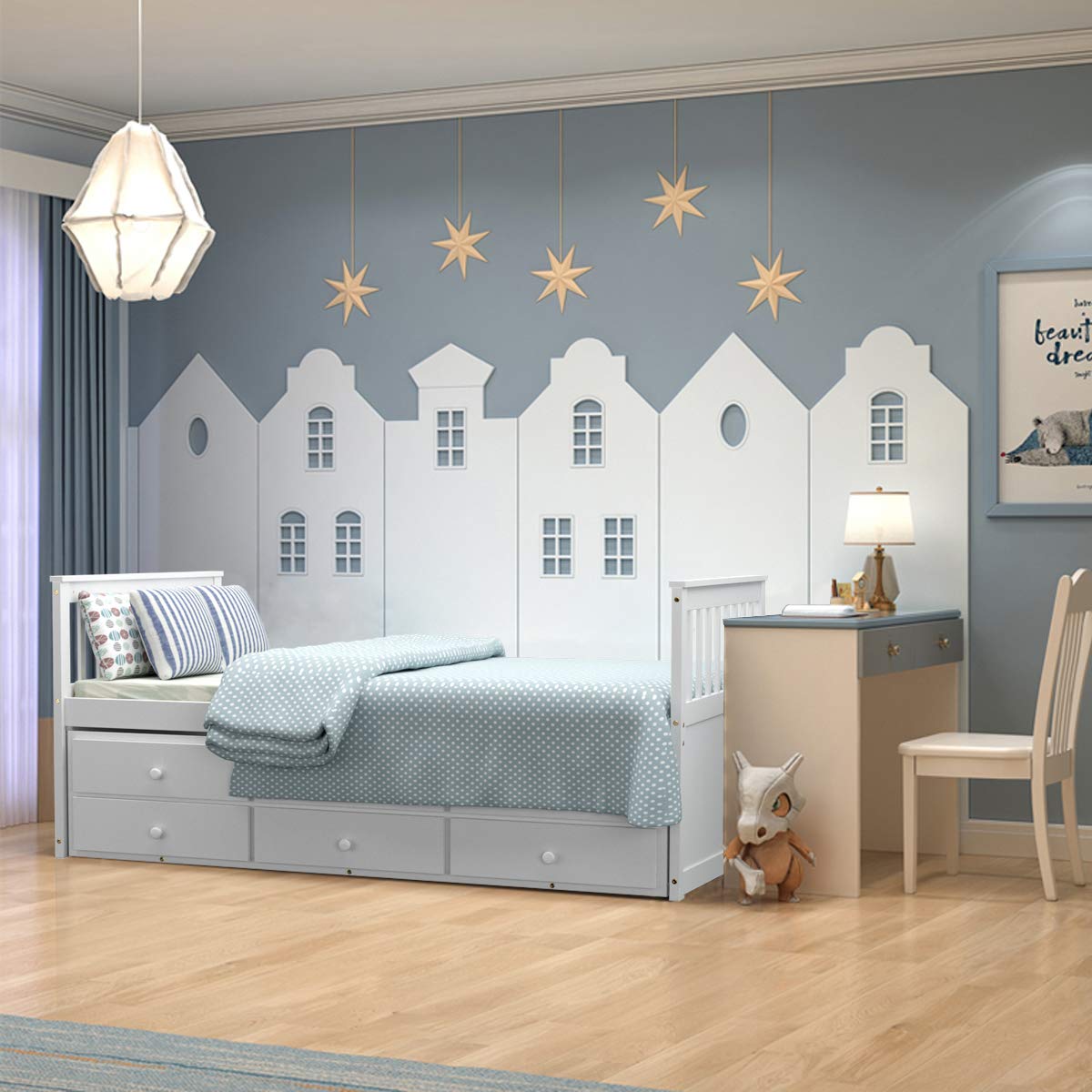 Twin Captain&rsquo;s Bed with Trundle Bed, Wood Storage Daybed with 3 Storage Drawers