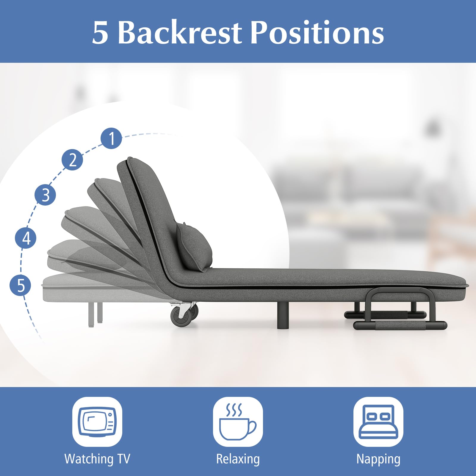 Convertible Chair Bed with 5-Position Adjustable Backrest & Lumbar Pillow, 2 Hidden Metal Legs & 2 Lockable Casters