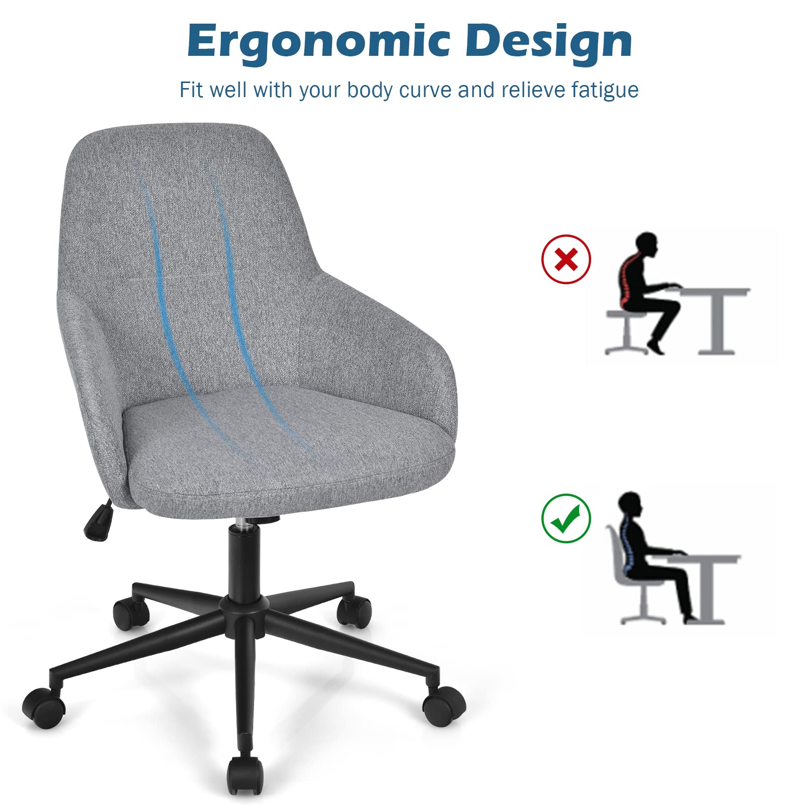 Fabric Office Chair, Upholstered Linen Leisure Chair, Ergonomic Desk Chair w/Rocking Backrest