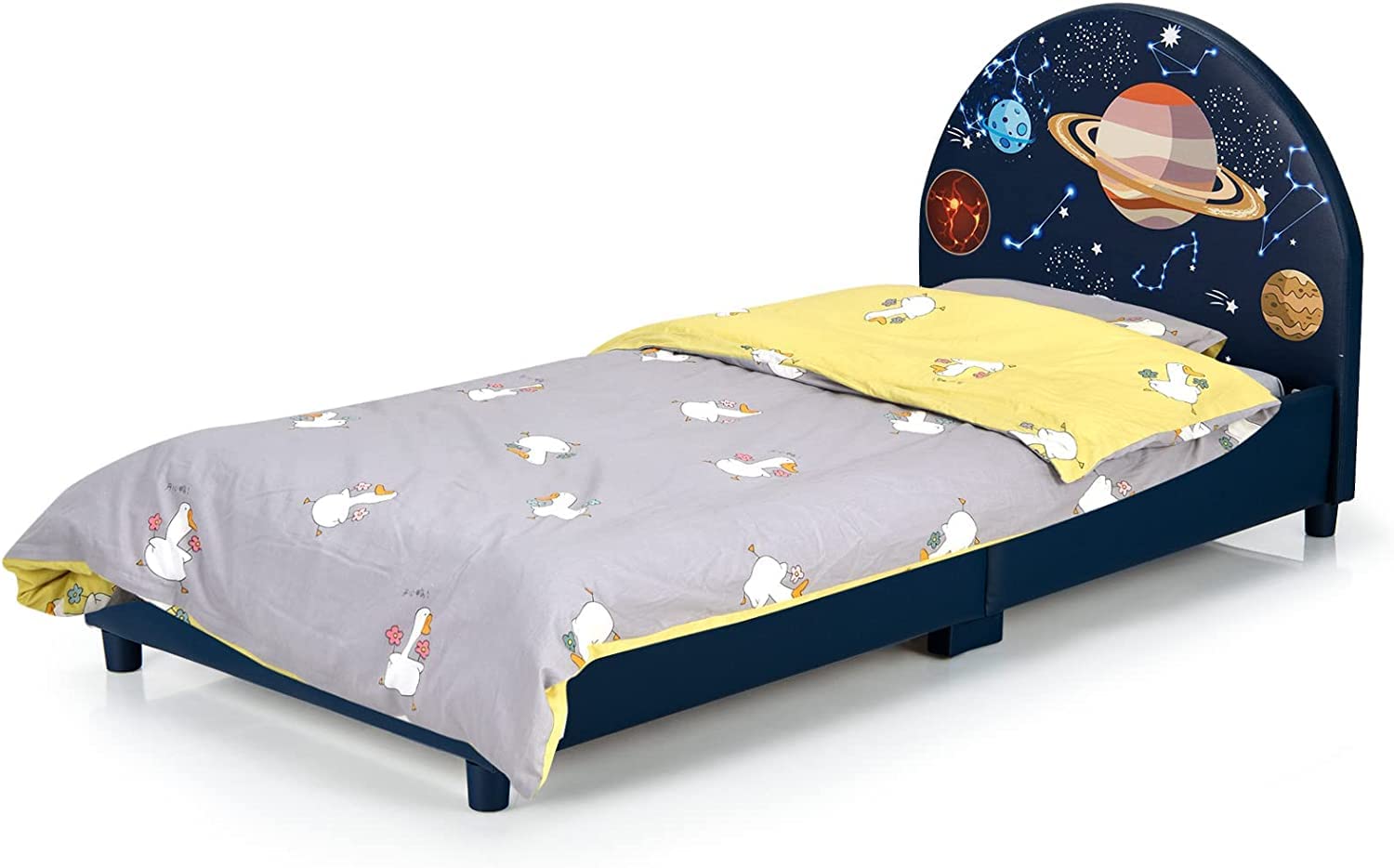 Kids Bed, Toddler Upholstered Platform Floor Bed w/Headboard & Wooden Slat Base