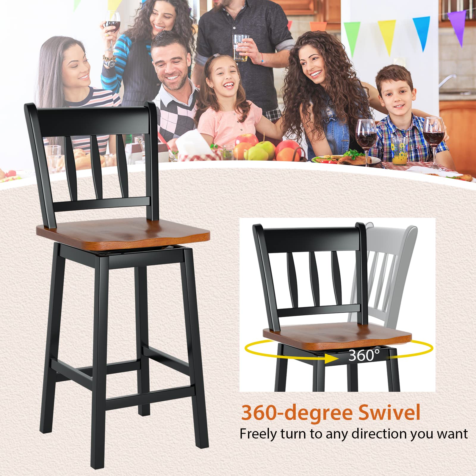 24.5 Inch Solid Rubber Wood Bar Stools Set of 2/4 with 360 &deg;Swiveling, Footrest