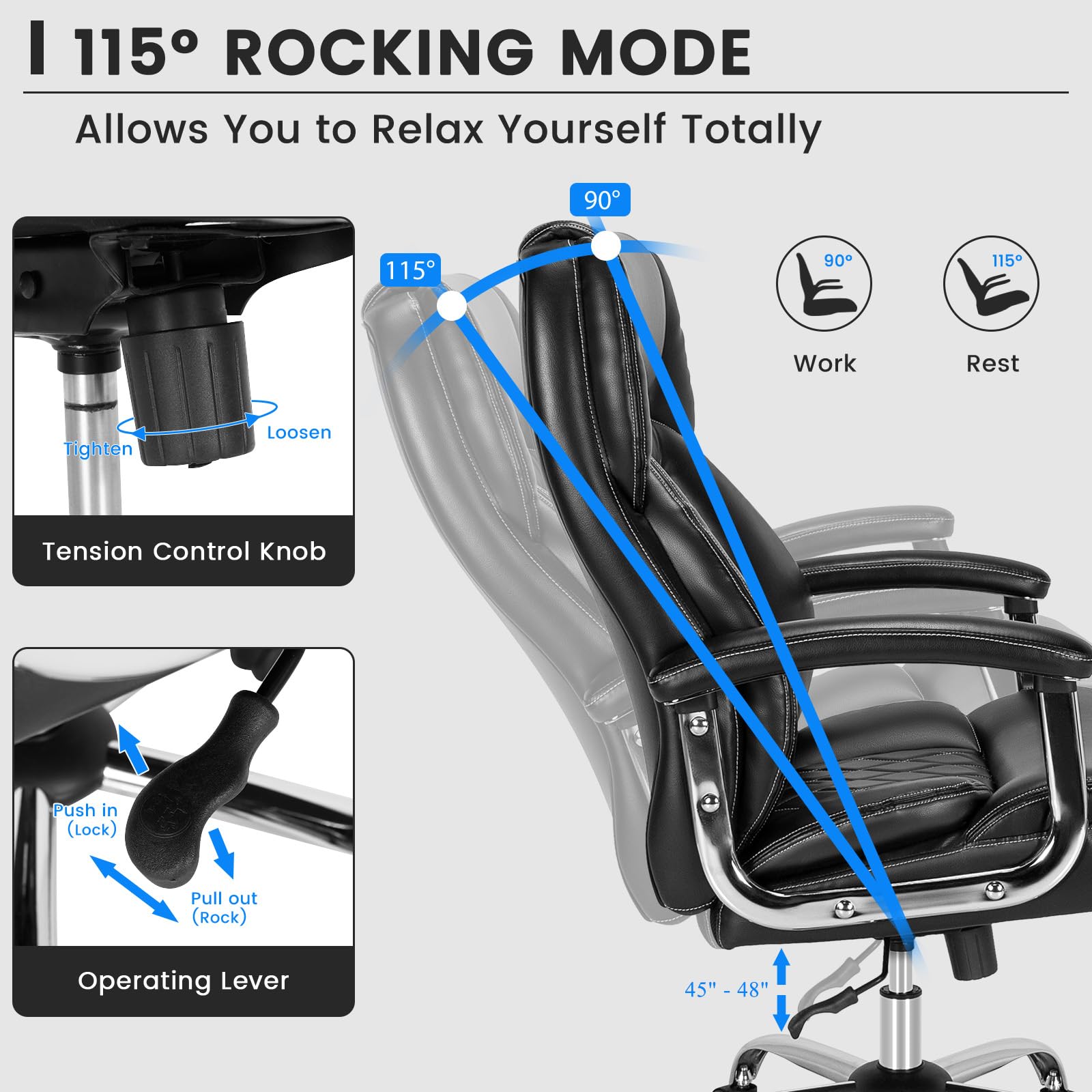 500LBS Big and Tall Office Chair, Wide Seat Large Leather Executive Chair w/Heavy Duty Metal Base