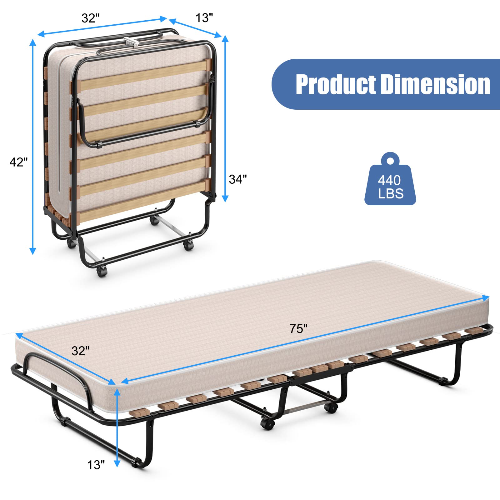 Portable Folding Rollaway Bed with Steel Frame & Memory Foam Mattress