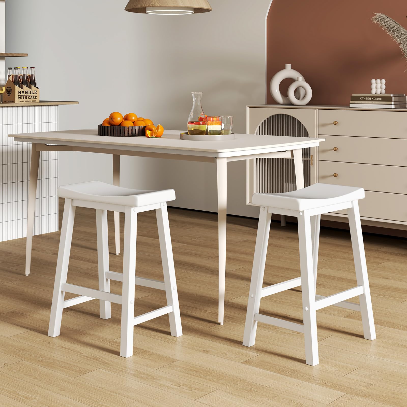 Saddle Stools Set of 2/4, 24-inch Counter Height Barstools with Solid Wood Legs & Footrests