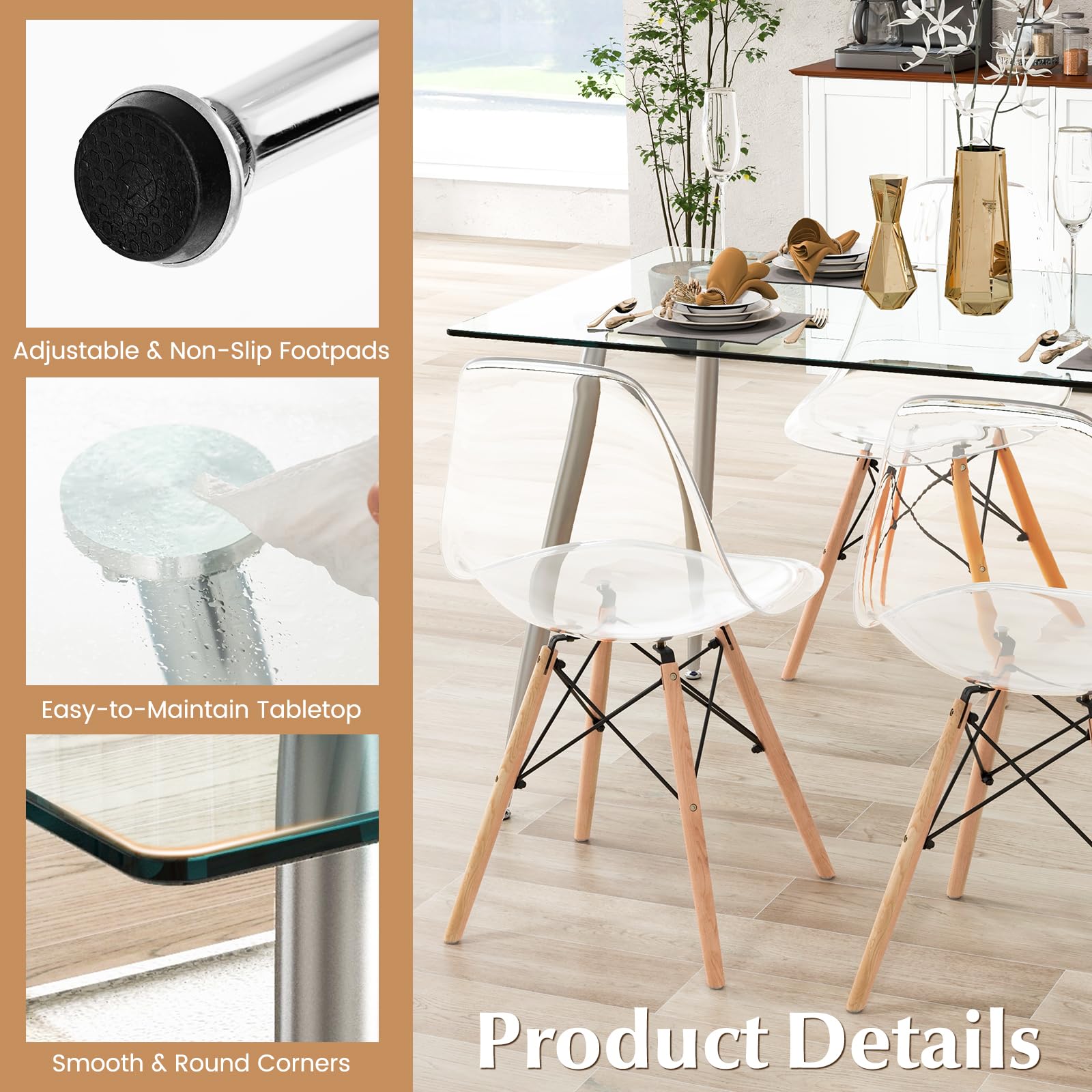 Glass Dining Table, Modern Rectangular Table with Spacious Tempered Glass Tabletop