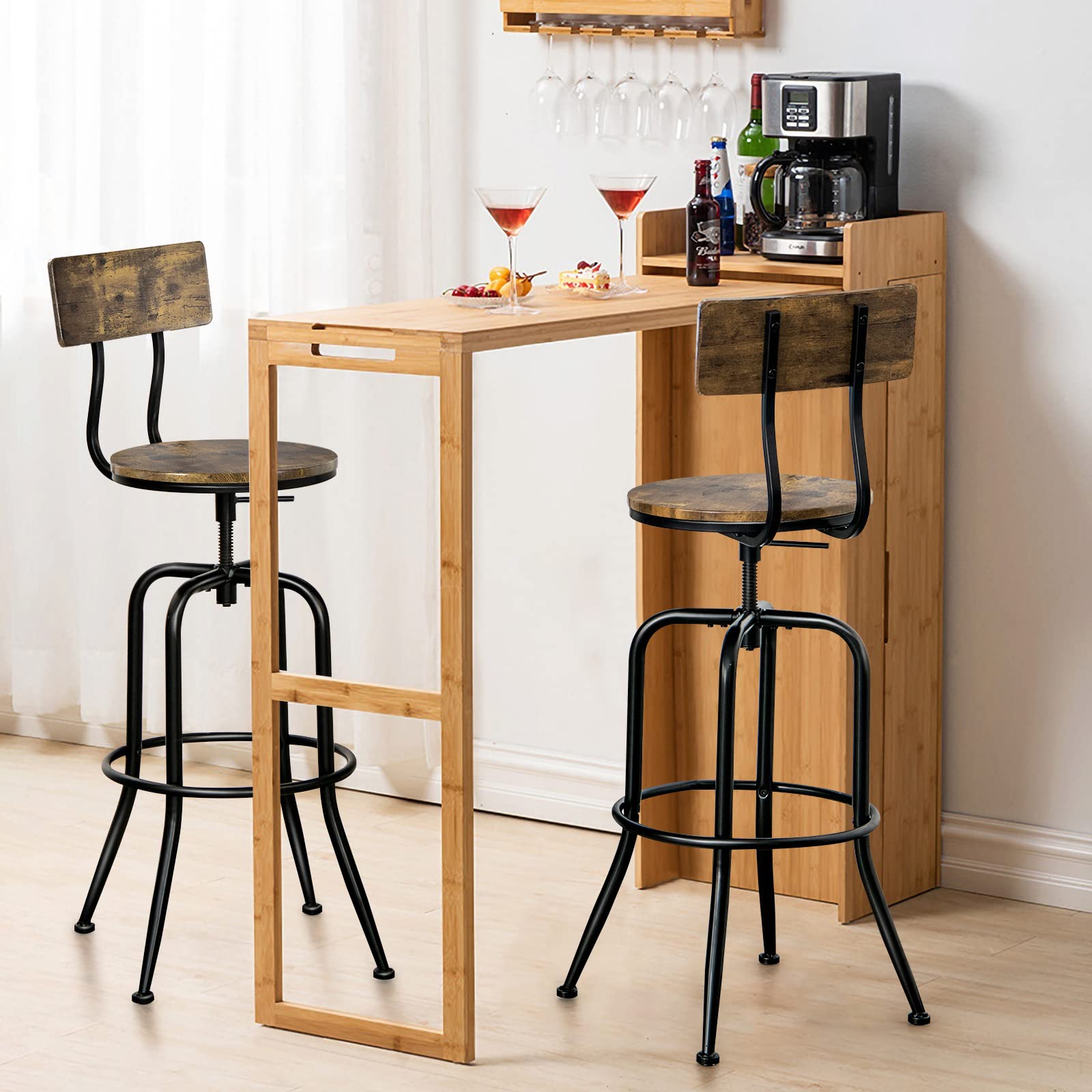 Bar Stools Set of 2/4, Industrial Counter Height Bar Chairs with Height Adjustable Seat, Arc-shaped Backrest & Footrest