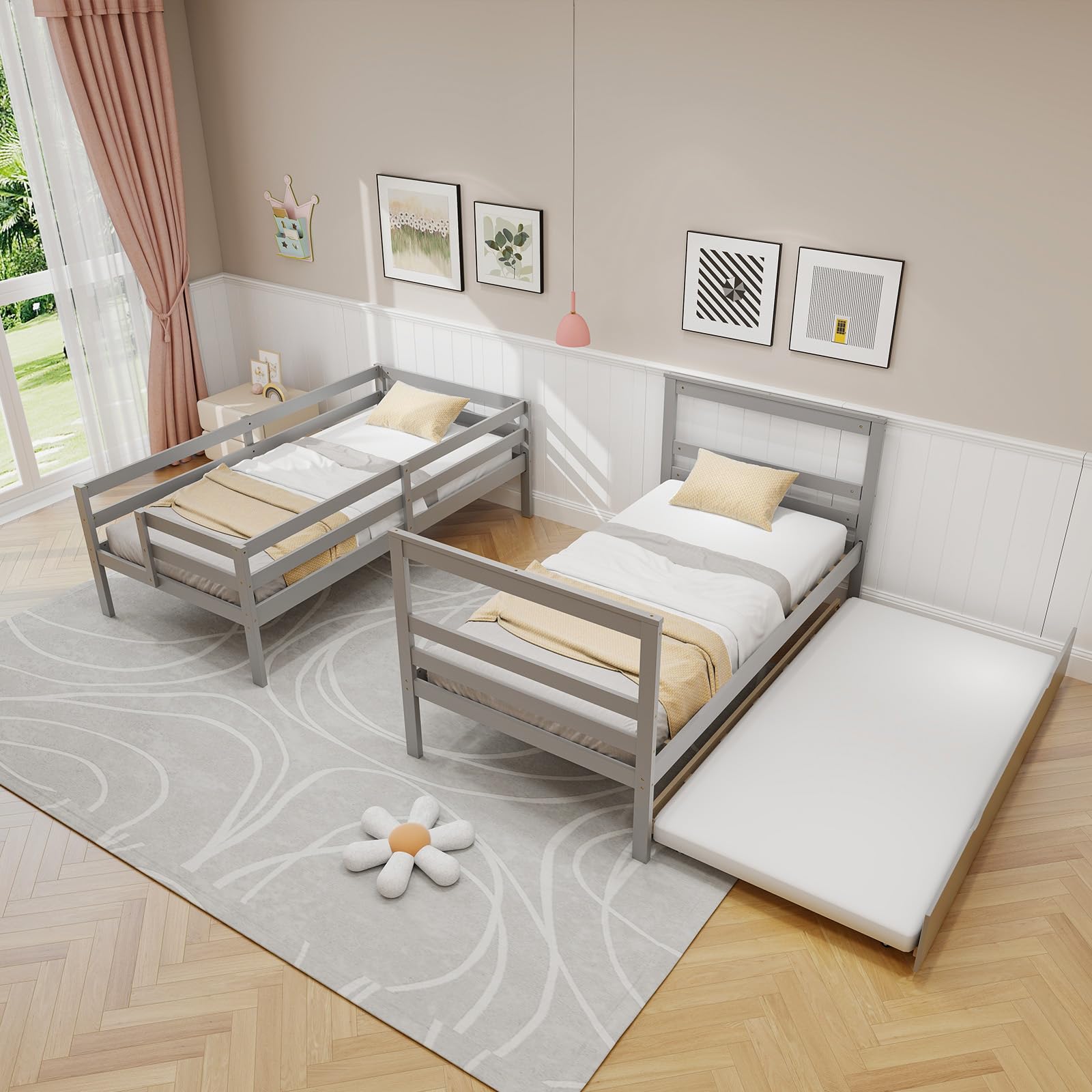 Twin Over Twin Wood Bunk Bed with Trundle & Storage Stairs, Convertible to 2 Separated Beds