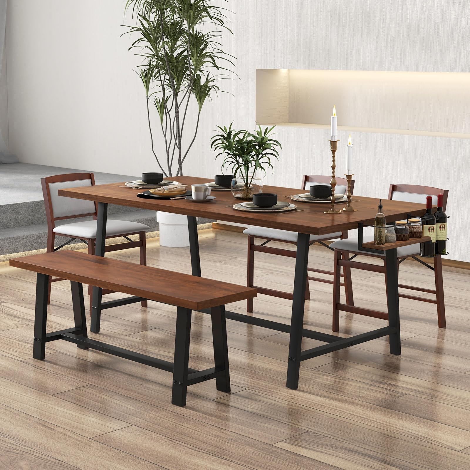 72-Inch Dining Table for 5-7, Rectangular Kitchen Table with 2-Bottle Wine Rack, Condiment Holder & Metal Footrest