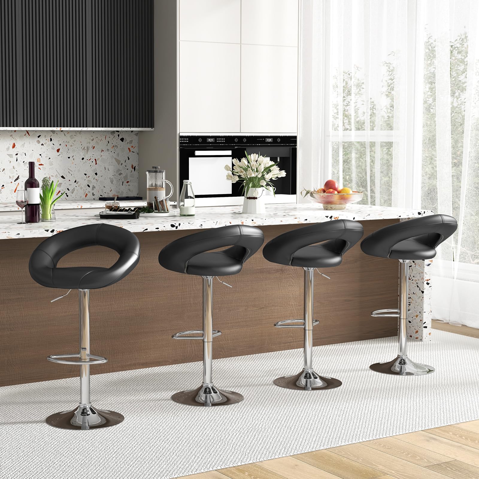 Adjustable Swivel Bar Stools Set of 2/4, Modern PU Leather Counter Height Bar Chairs w/Hollowed Back, Footrest, Metal Base