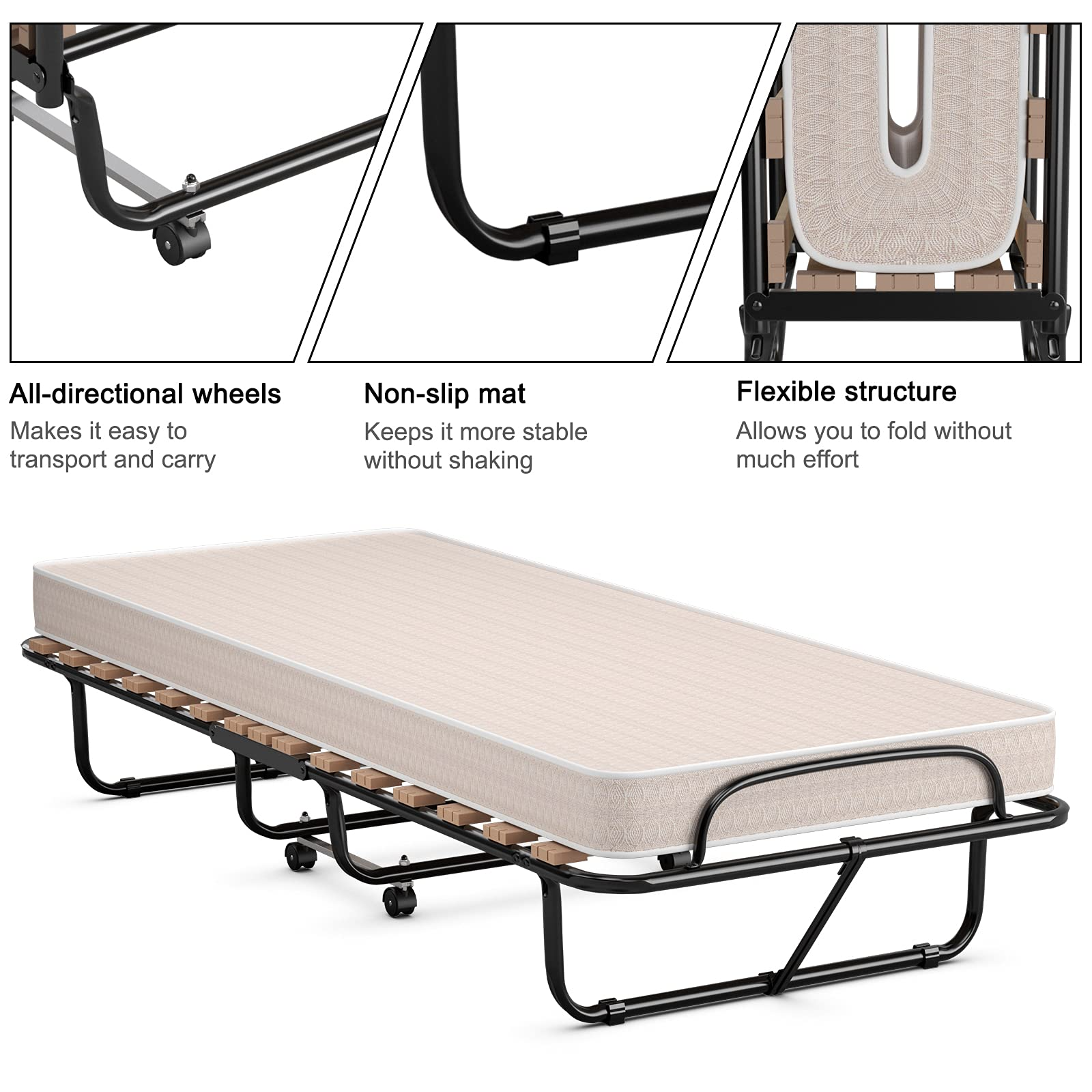 Portable Rollaway Bed with 4" Memory Foam Mattress for Adults and Guests